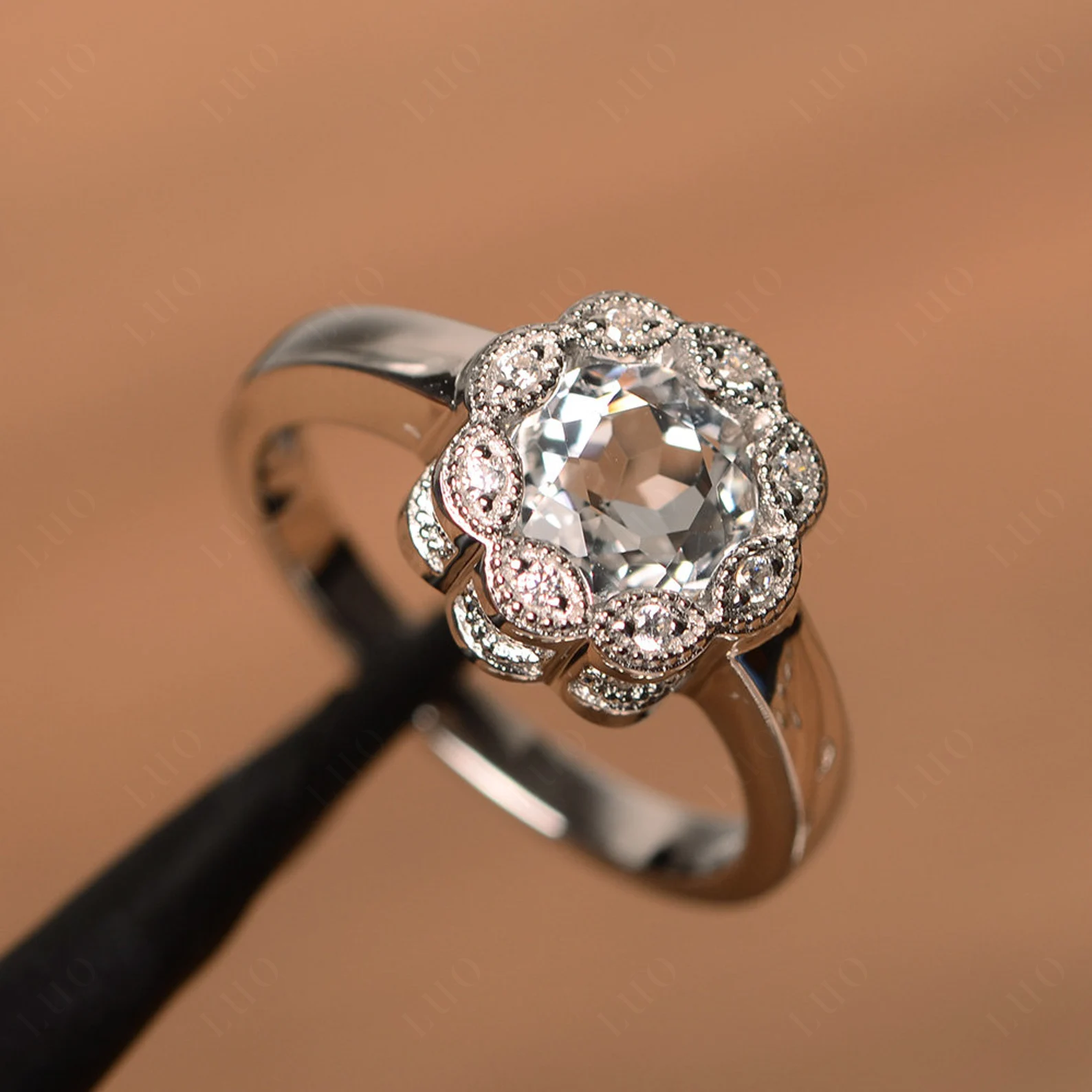 Vintage White Topaz Ring Halo Flower Ring - LUO Jewelry