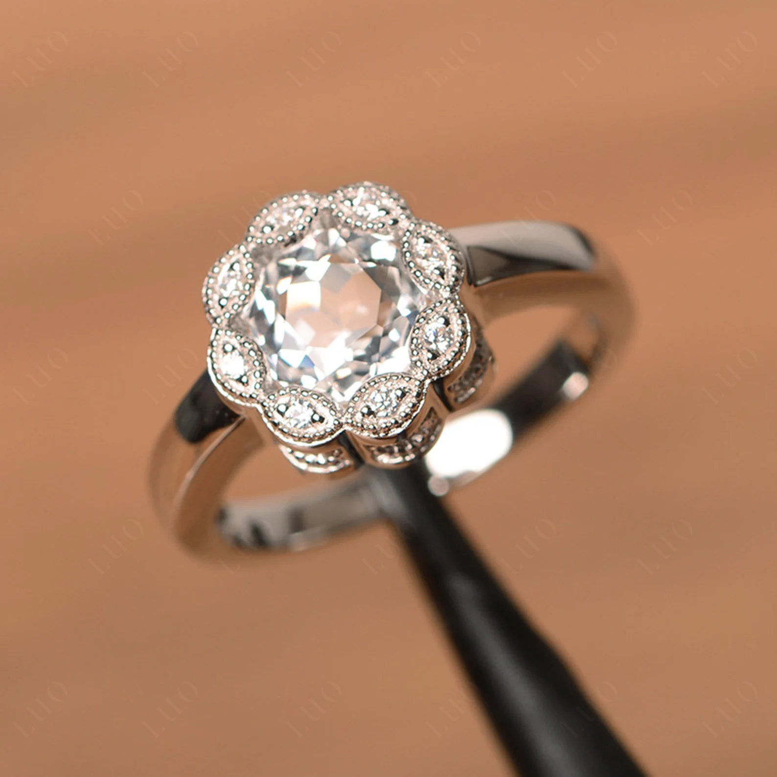 Vintage White Topaz Ring Halo Flower Ring - LUO Jewelry