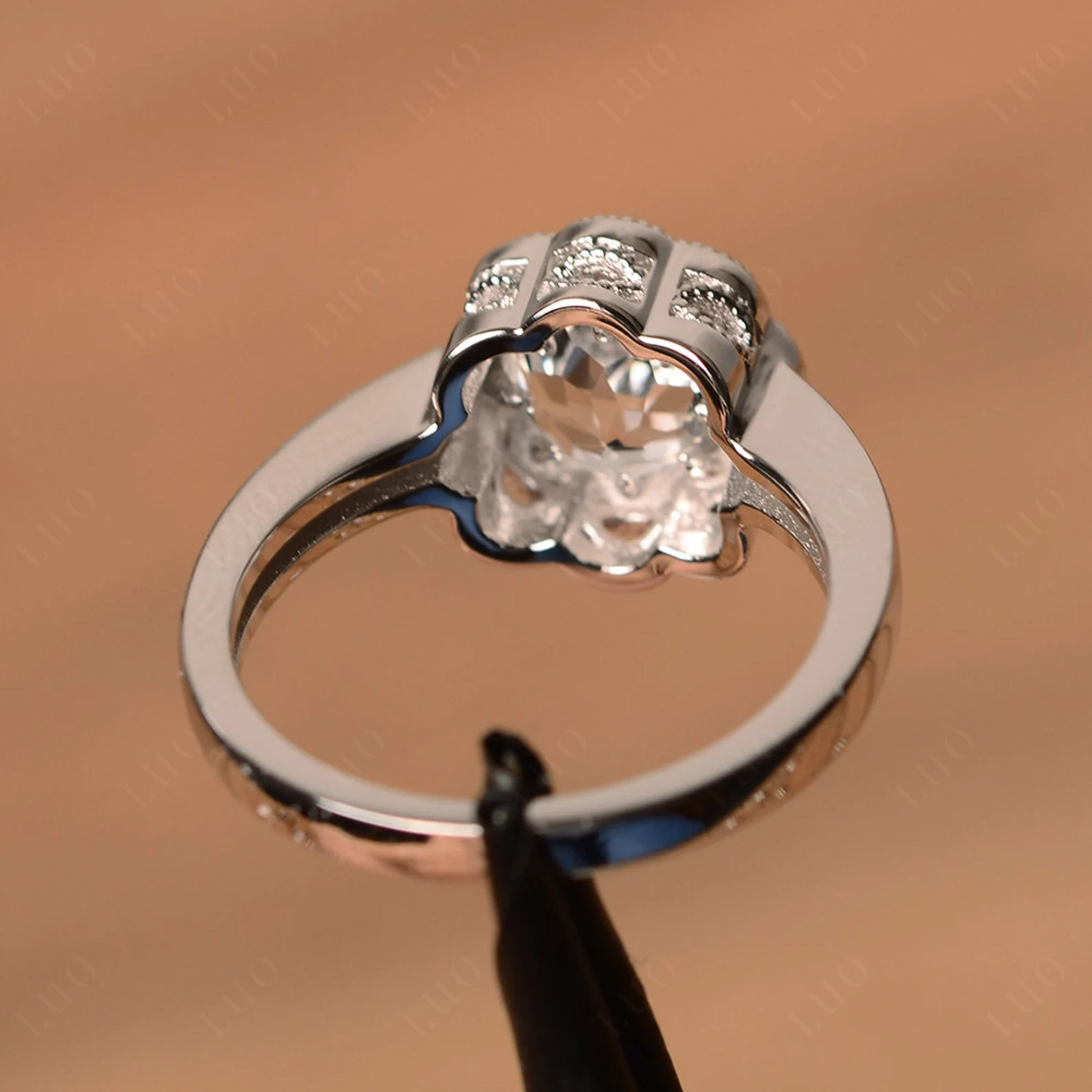 Vintage White Topaz Ring Halo Flower Ring - LUO Jewelry