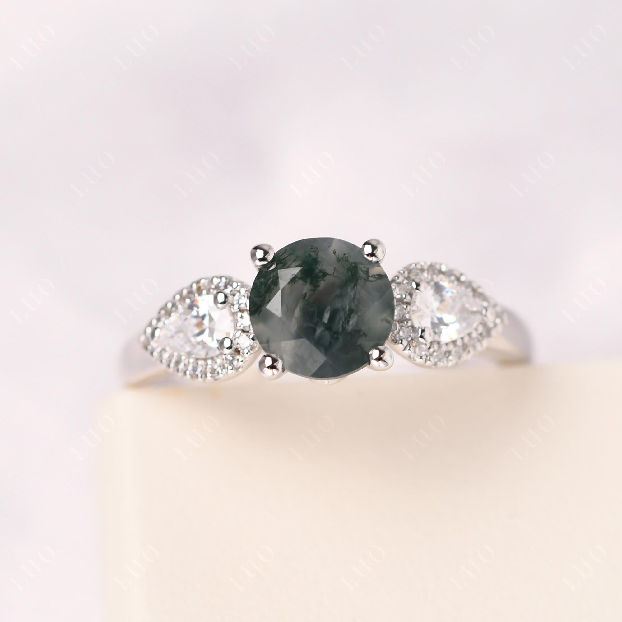 Euro Shank Moss Agate and Sapphire Ring | LUO Jewelry