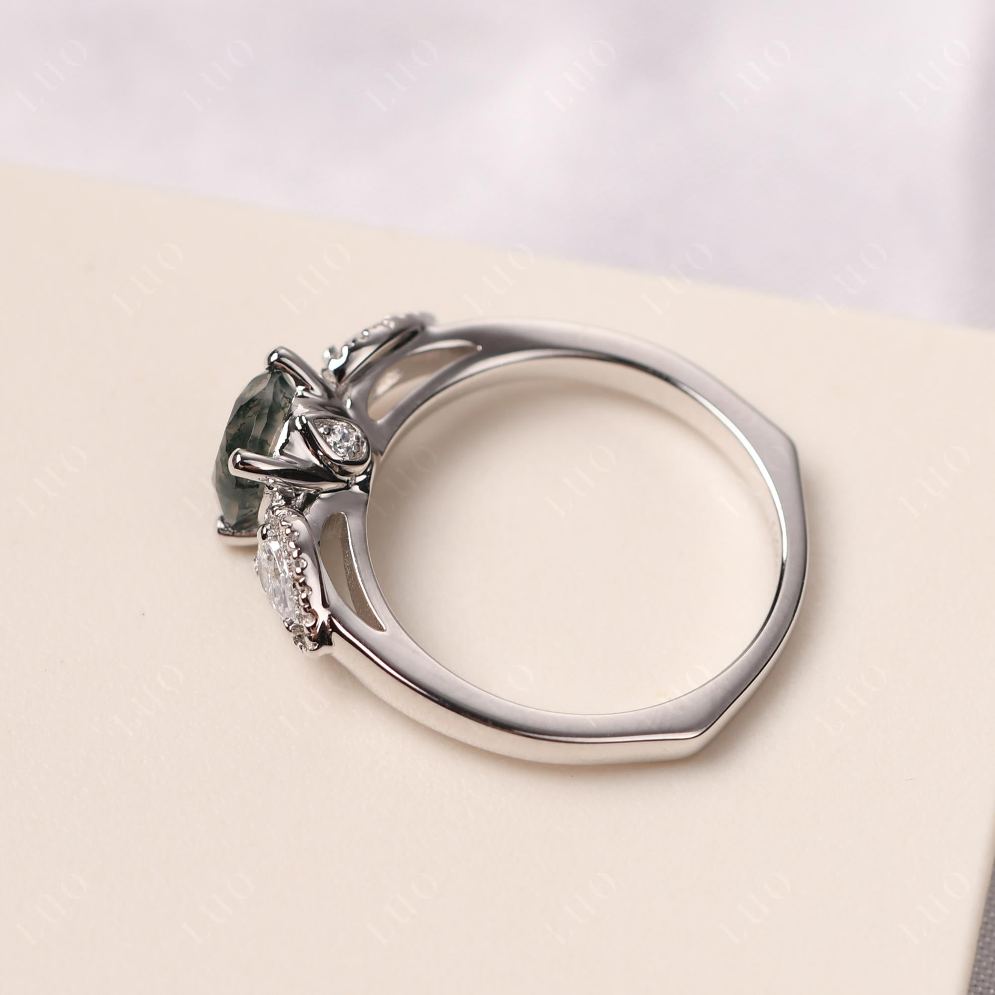 Euro Shank Moss Agate and Sapphire Ring | LUO Jewelry