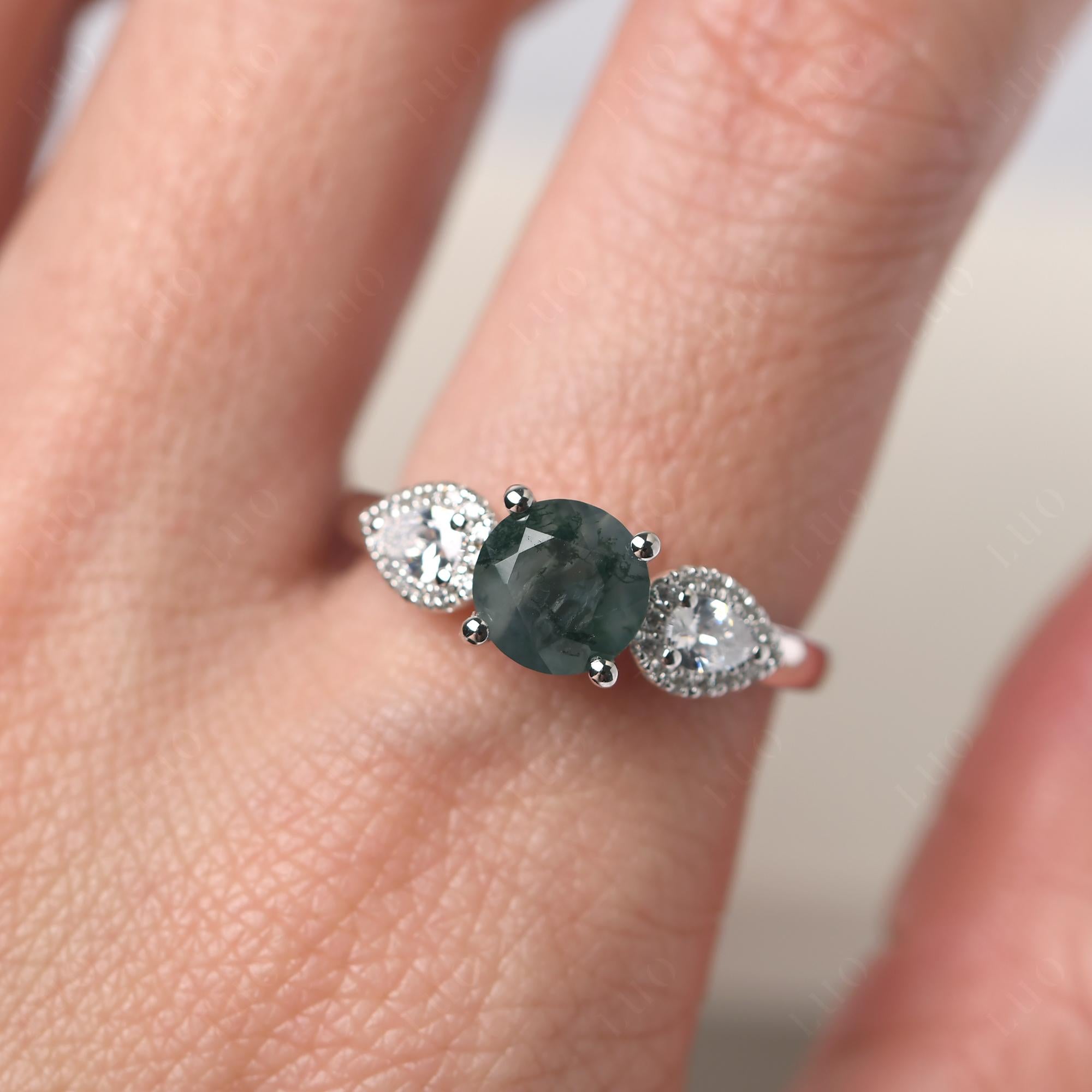 Euro Shank Moss Agate and Sapphire Ring | LUO Jewelry