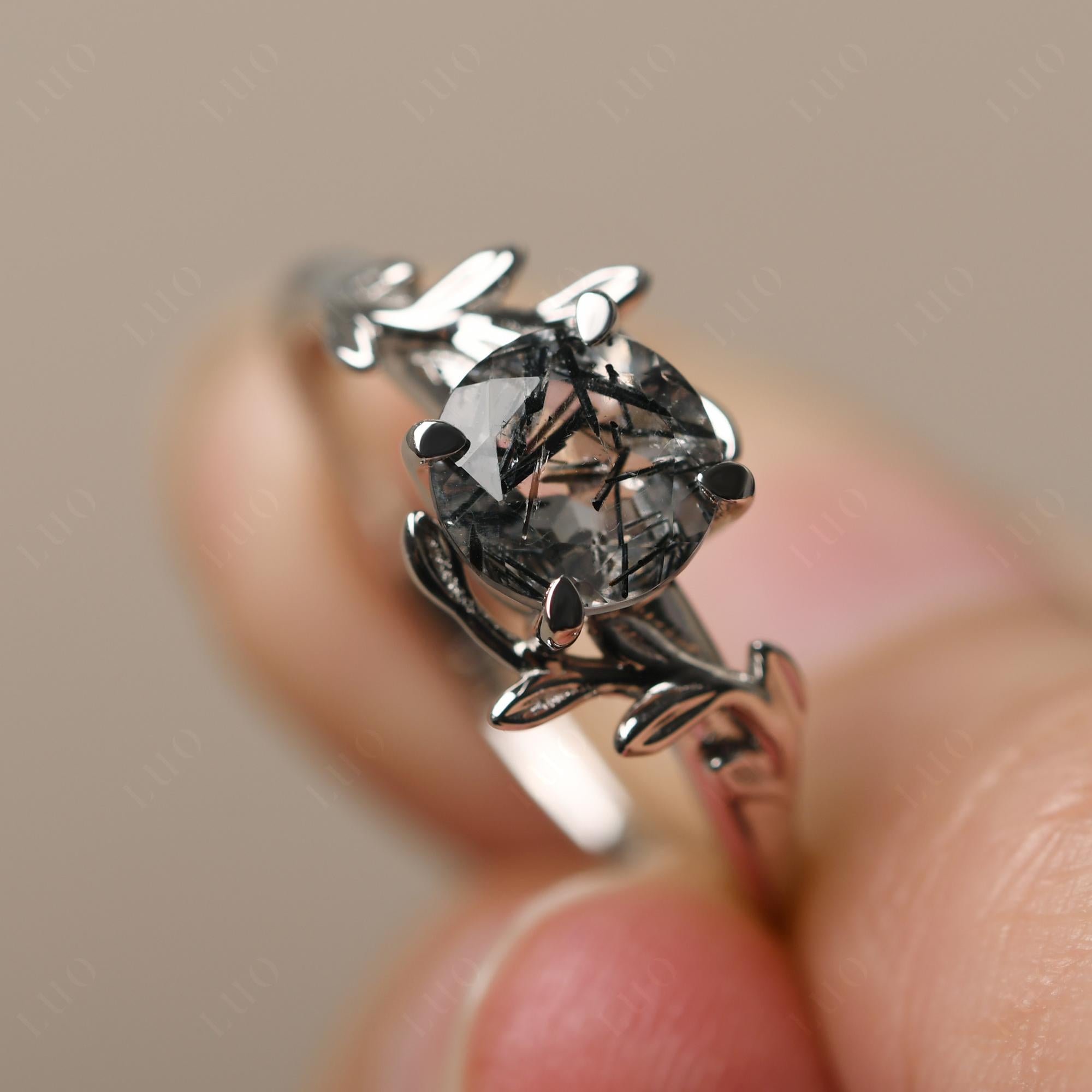 Black Rutilated Quartz Vine Engagement Ring - LUO Jewelry