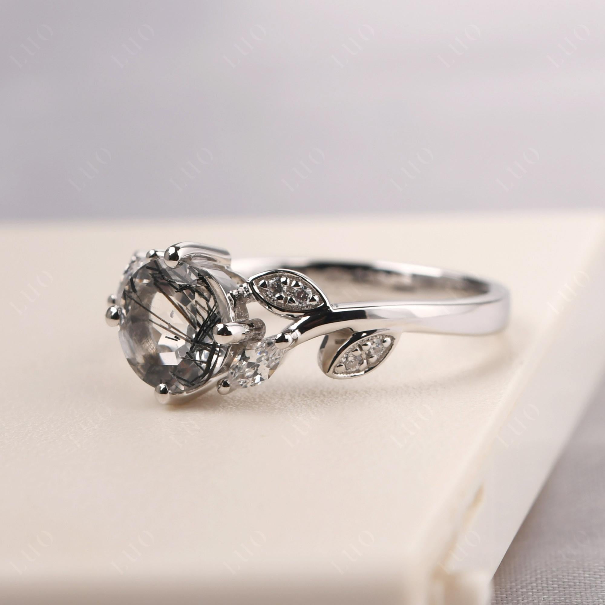 Vine Leaf Black Rutilated Quartz Engagement Ring - LUO Jewelry
