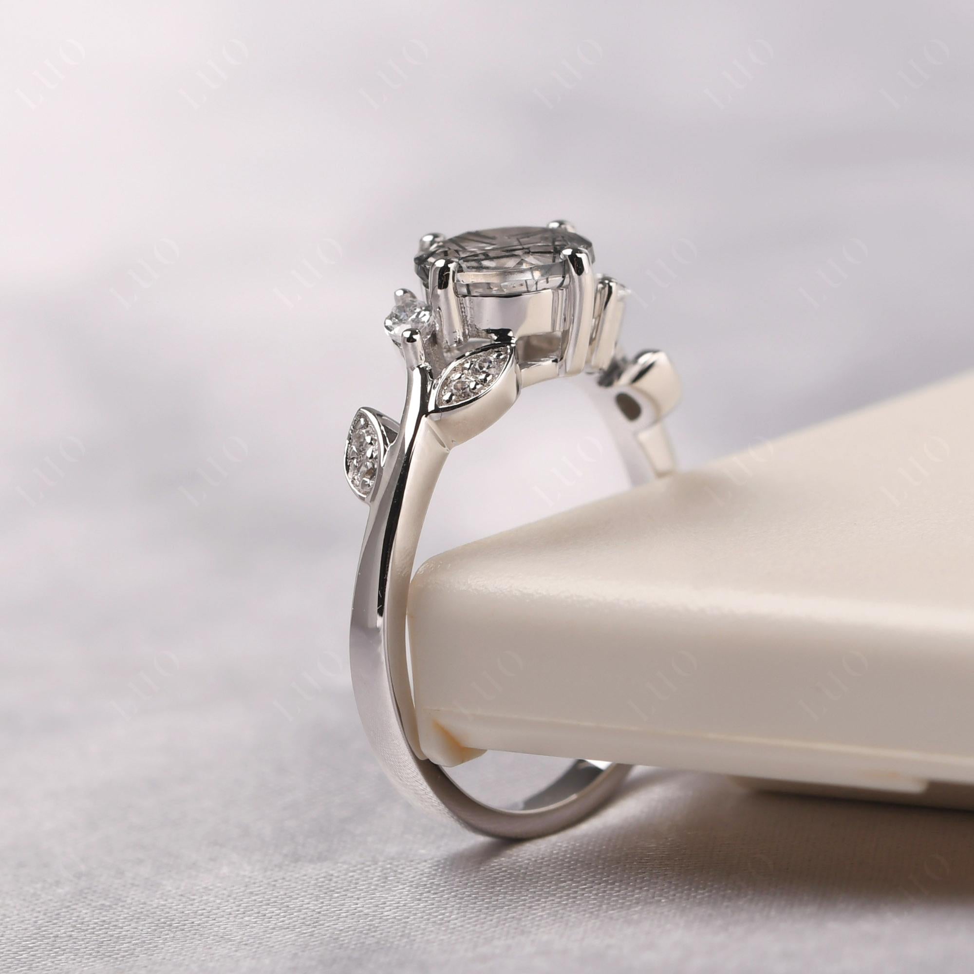 Vine Leaf Black Rutilated Quartz Engagement Ring - LUO Jewelry