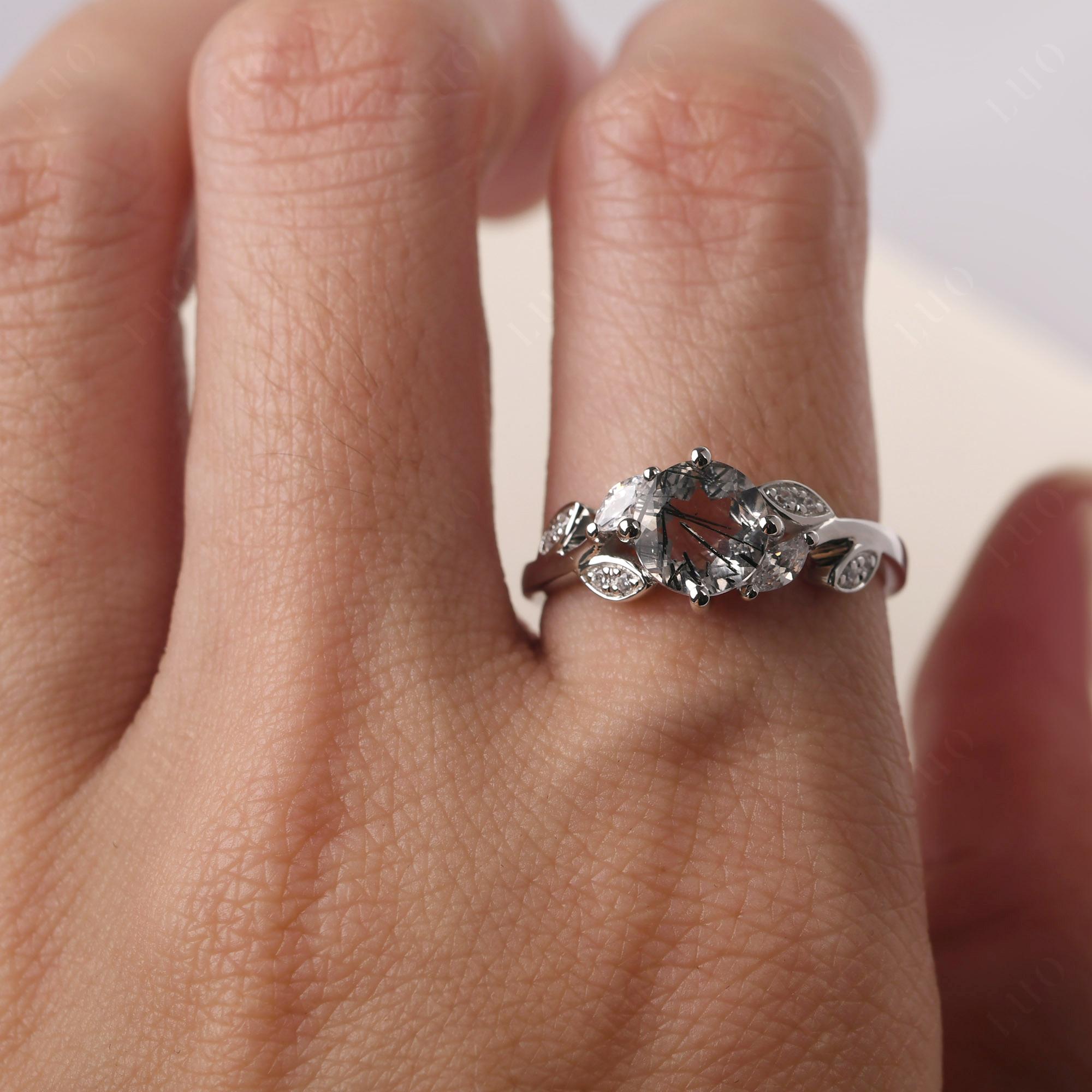 Vine Leaf Black Rutilated Quartz Engagement Ring - LUO Jewelry