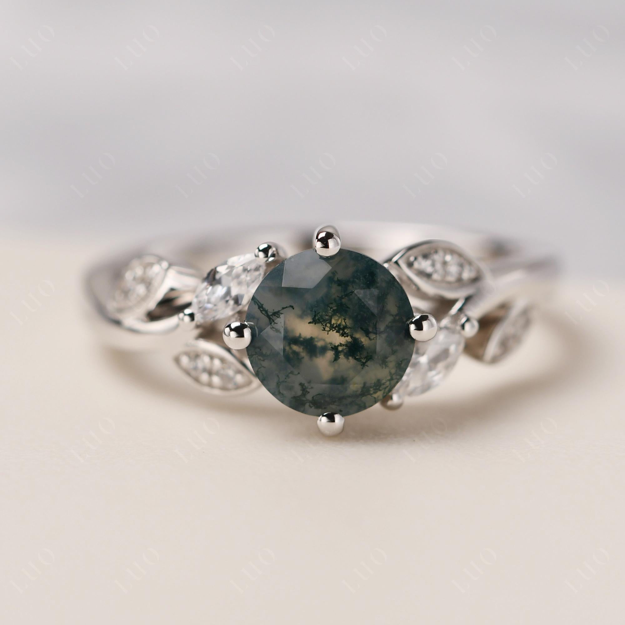 Vine Leaf Moss Agate Engagement Ring - LUO Jewelry