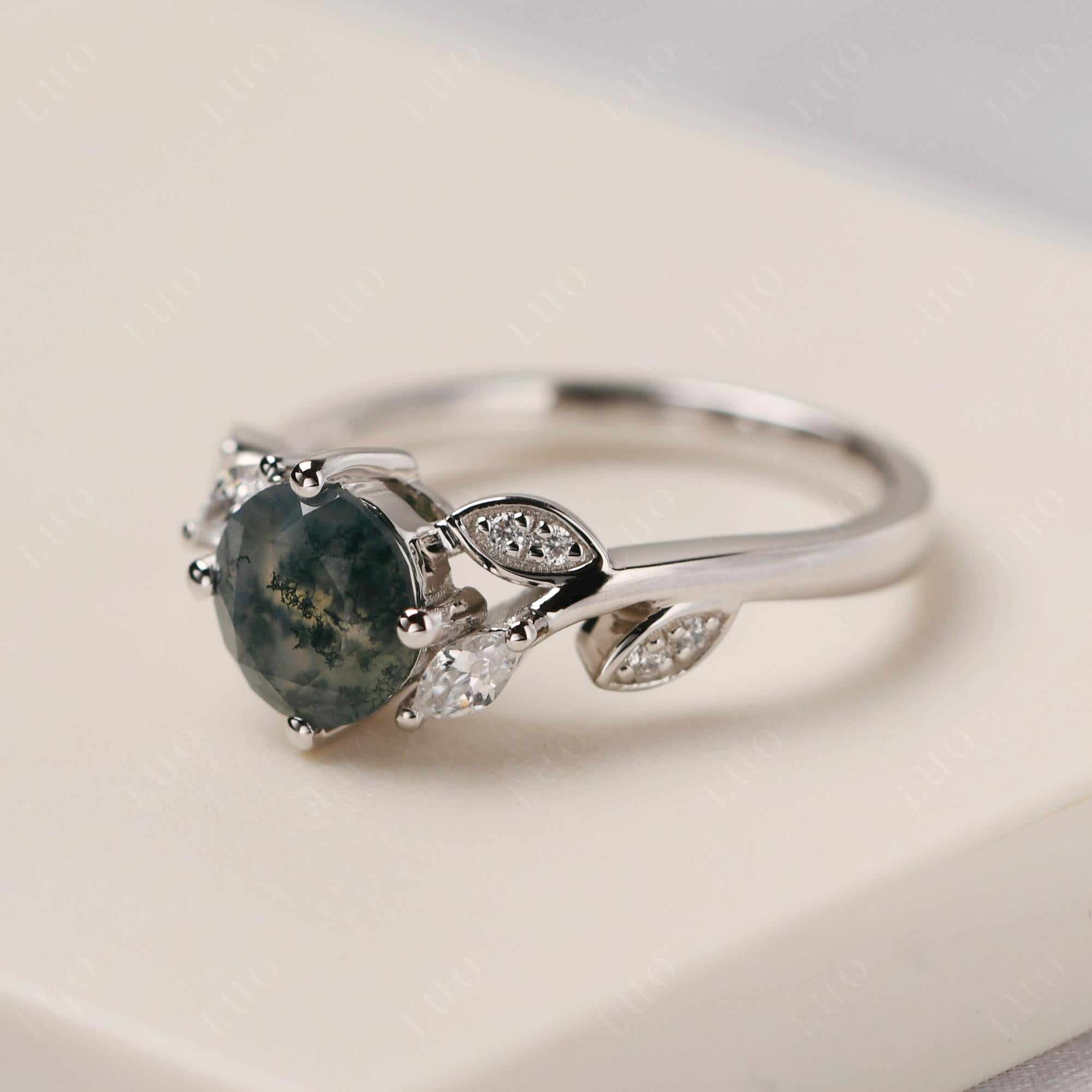 Vine Leaf Moss Agate Engagement Ring - LUO Jewelry