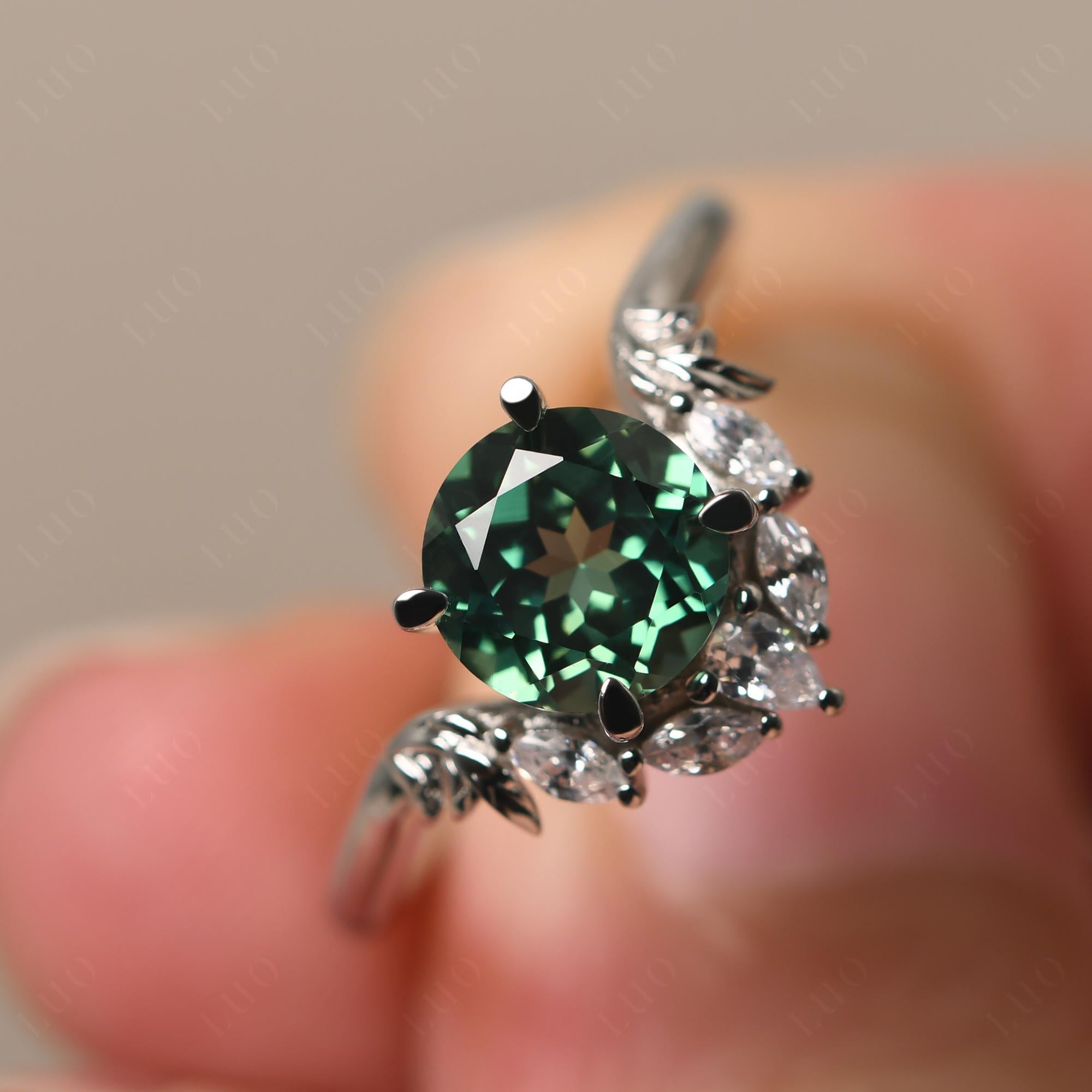 Green Sapphire Ring with Marquise Side Stone - LUO Jewelry