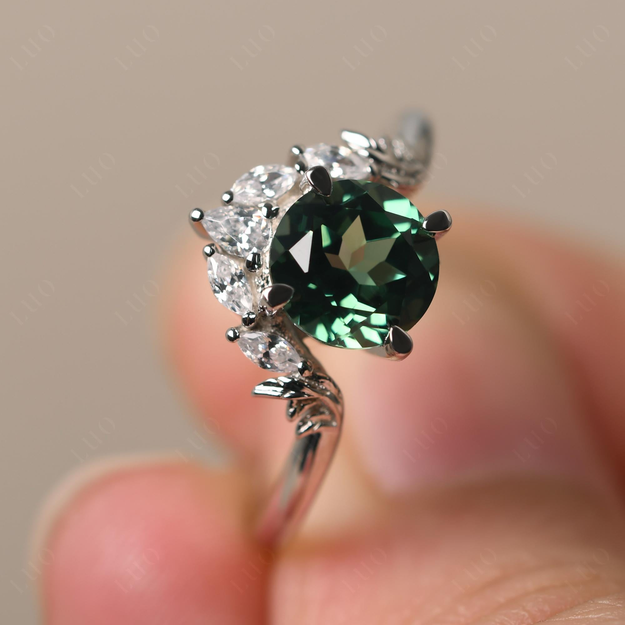 Green Sapphire Ring with Marquise Side Stone - LUO Jewelry