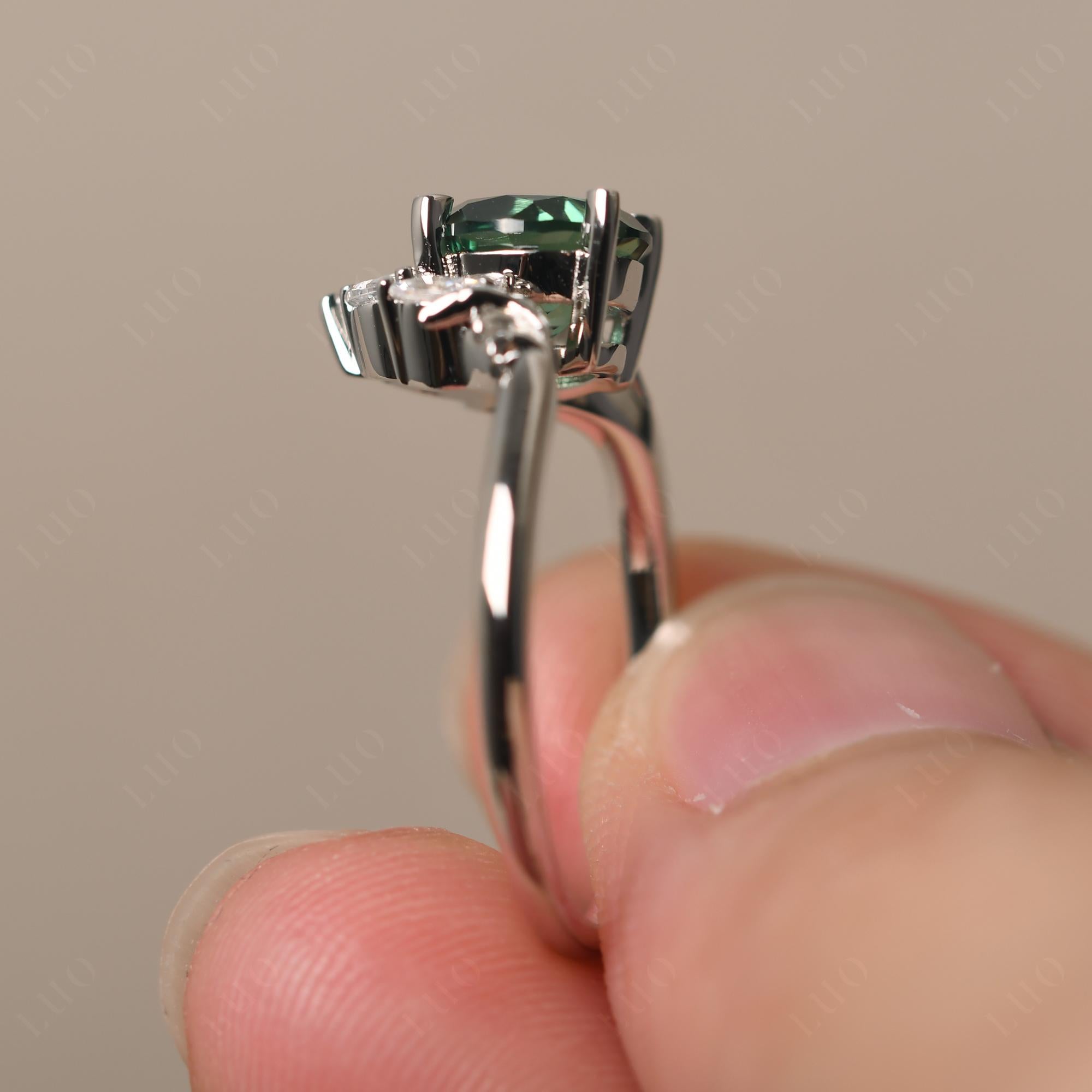 Green Sapphire Ring with Marquise Side Stone - LUO Jewelry