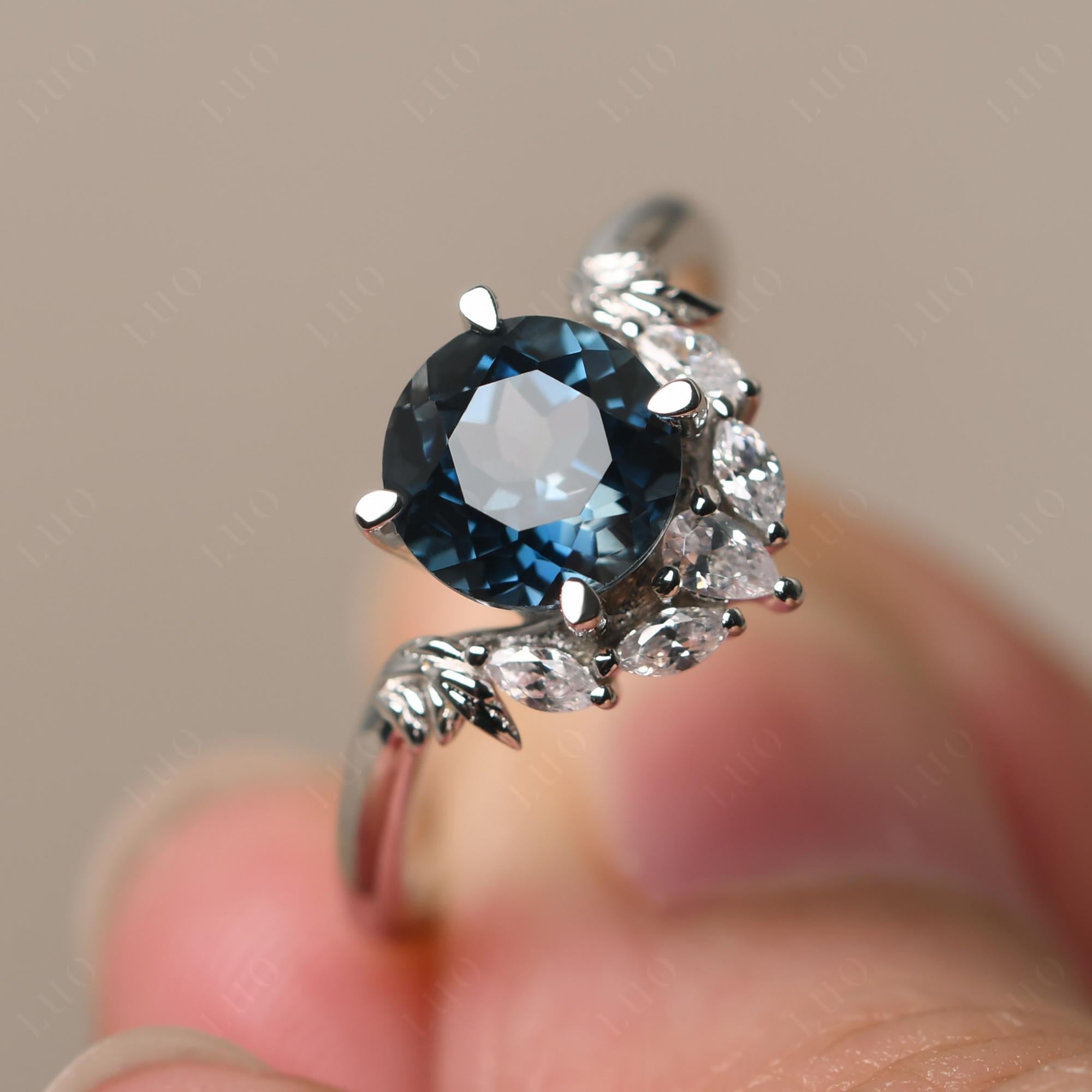 London Blue Topaz Ring with Marquise Side Stone - LUO Jewelry