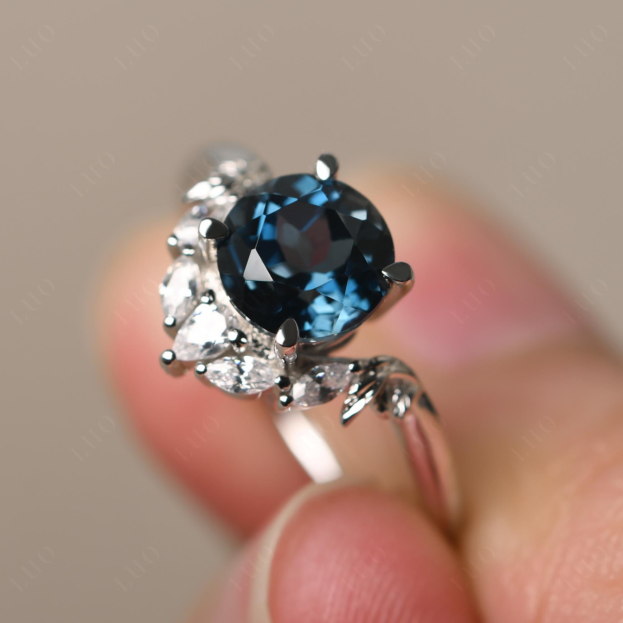 London Blue Topaz Ring with Marquise Side Stone - LUO Jewelry