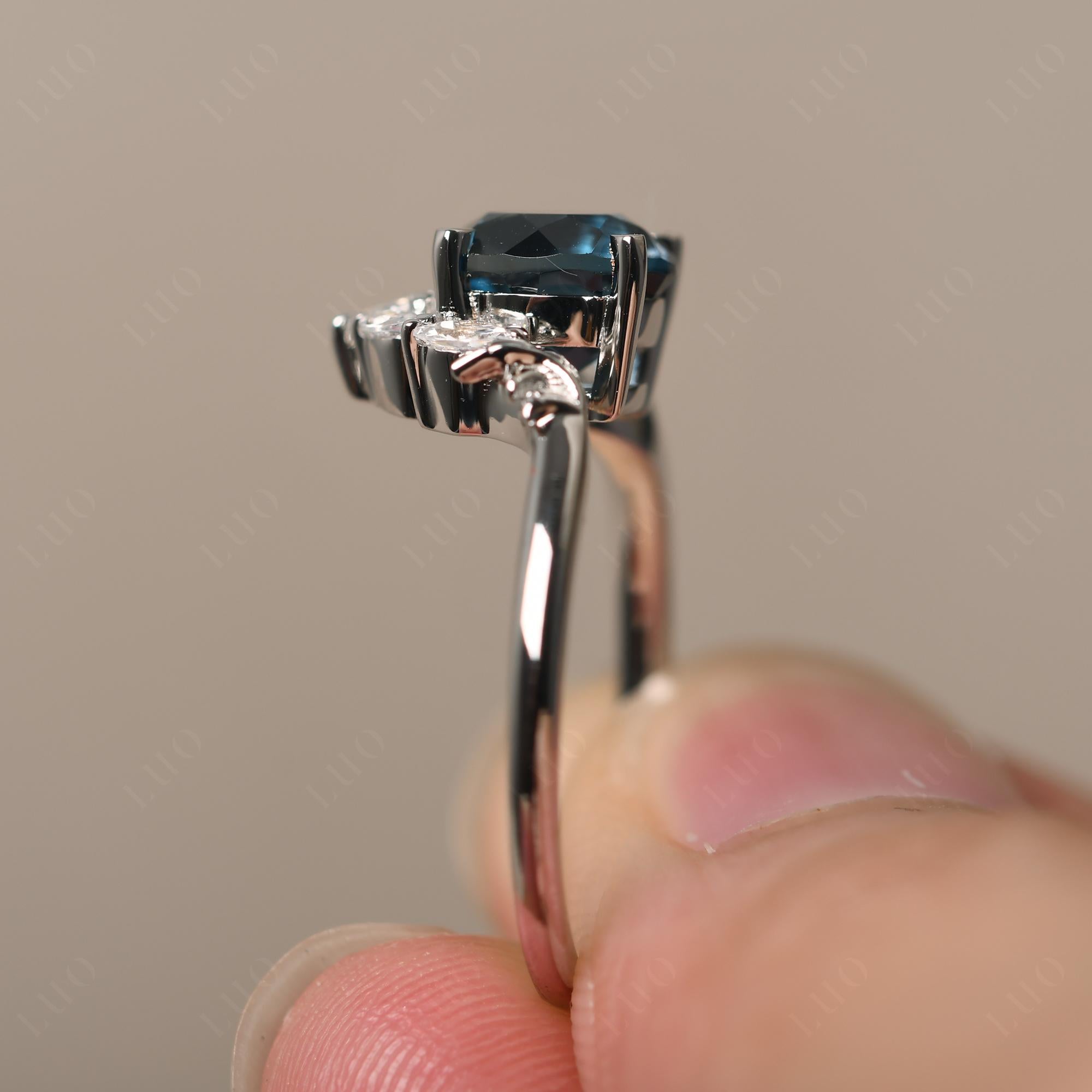 London Blue Topaz Ring with Marquise Side Stone - LUO Jewelry