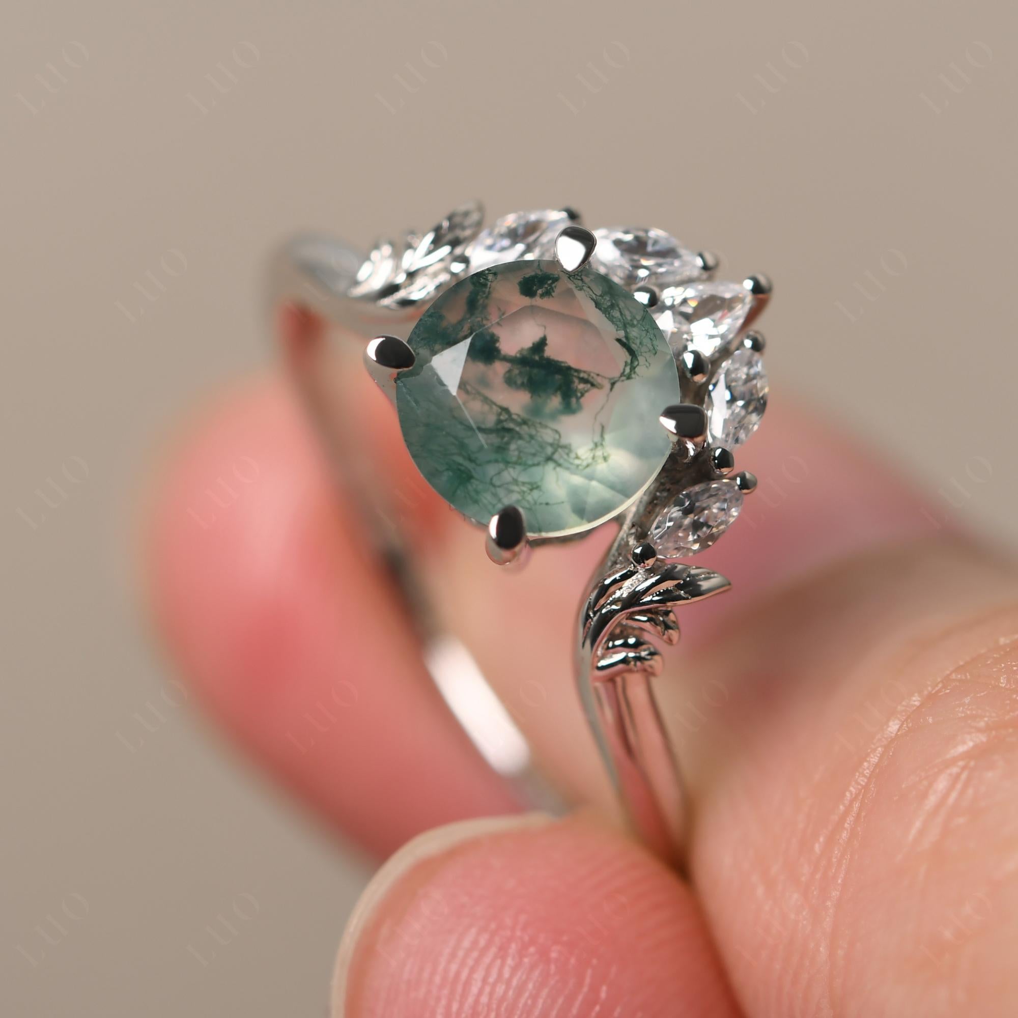 Moss Agate Ring with Marquise Side Stone - LUO Jewelry
