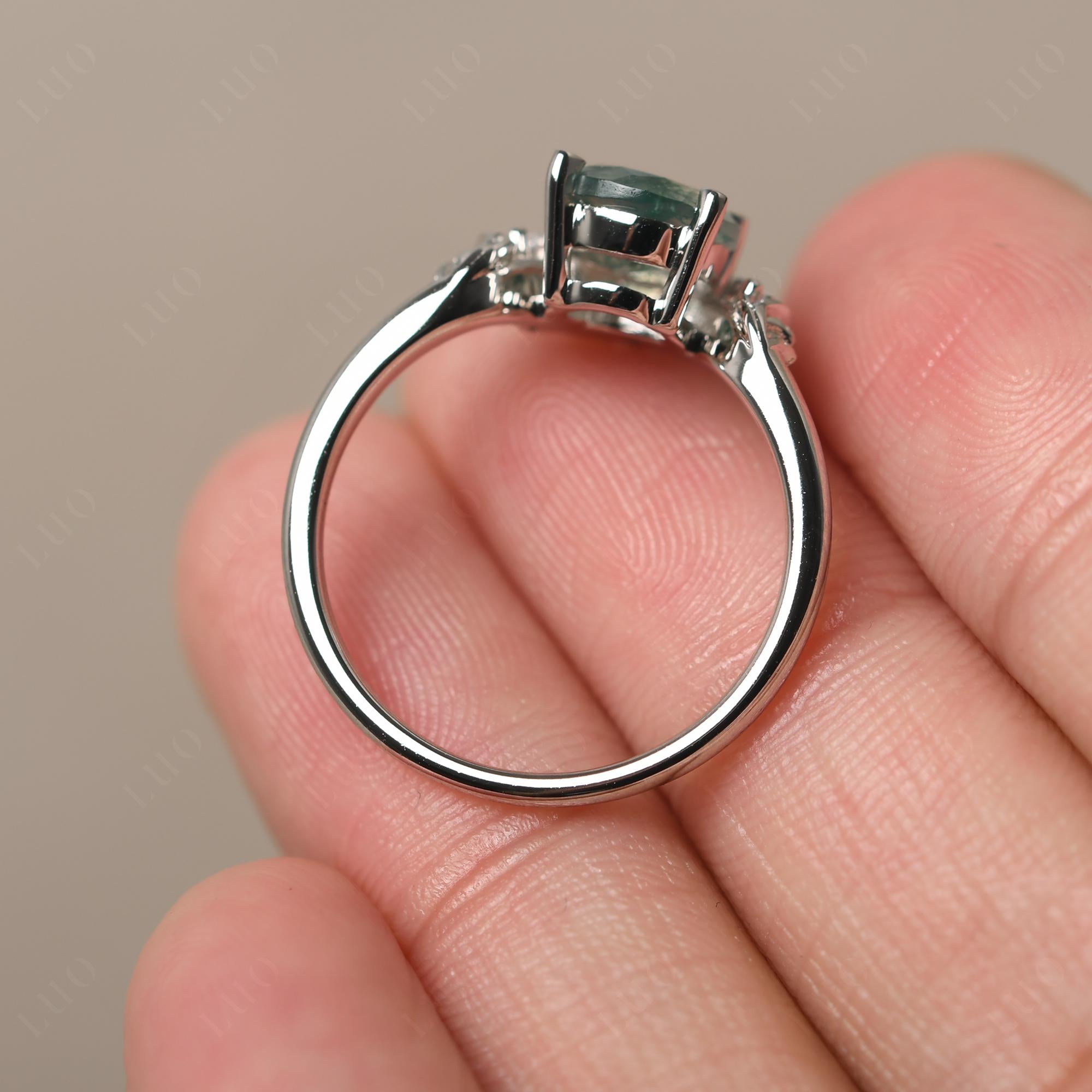 Moss Agate Ring with Marquise Side Stone - LUO Jewelry