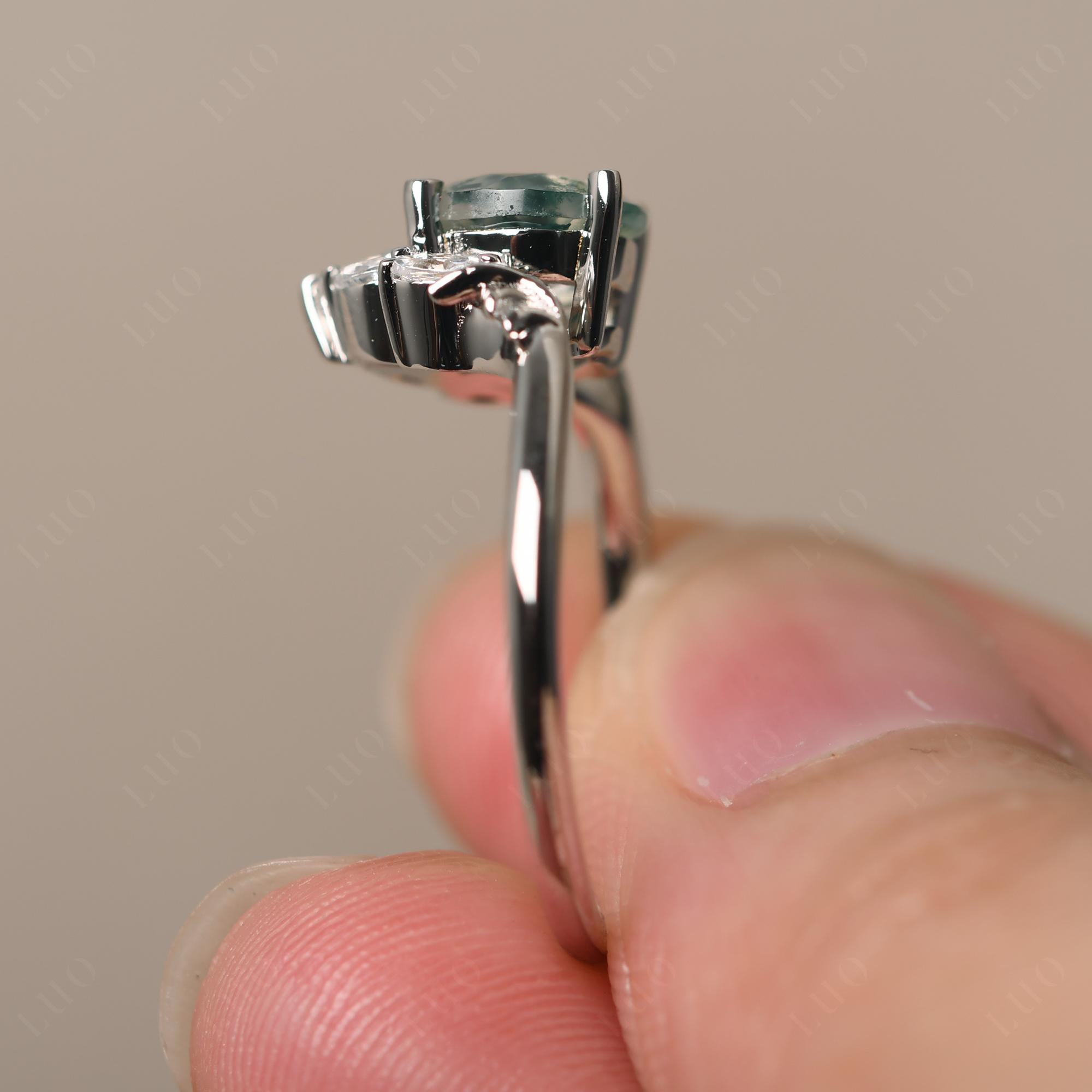 Moss Agate Ring with Marquise Side Stone - LUO Jewelry