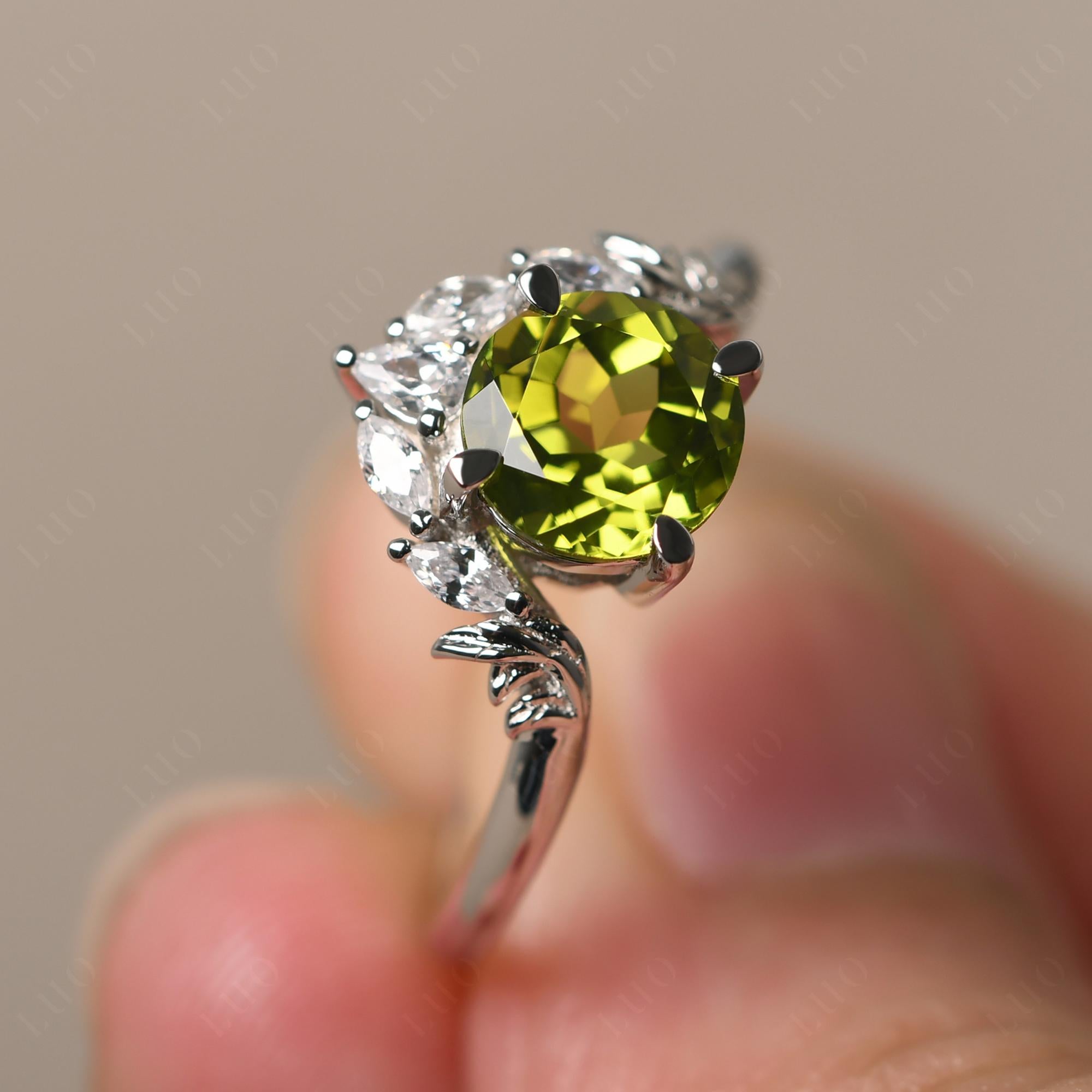 Peridot Ring with Marquise Side Stone - LUO Jewelry