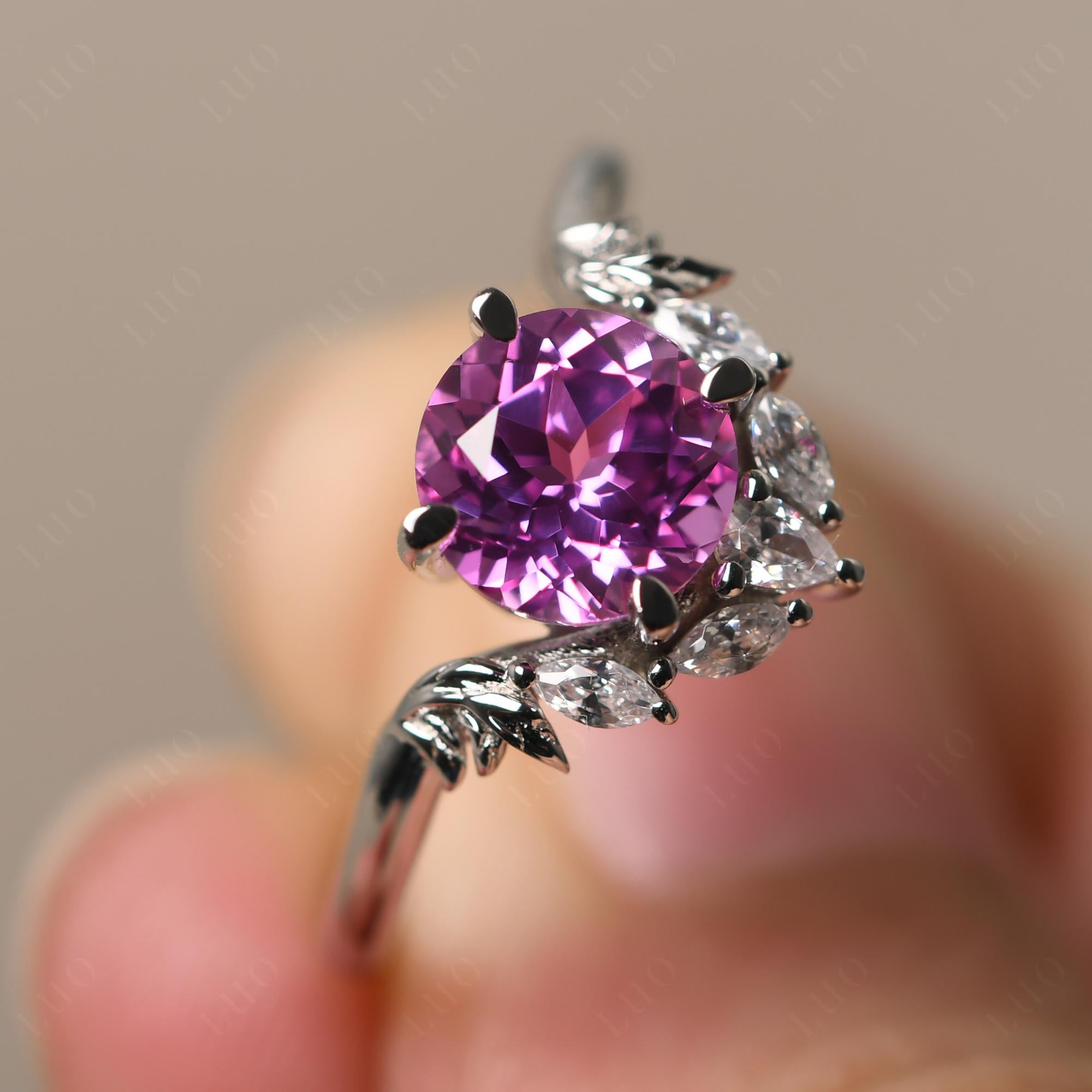 Pink Sapphire Ring with Marquise Side Stone - LUO Jewelry