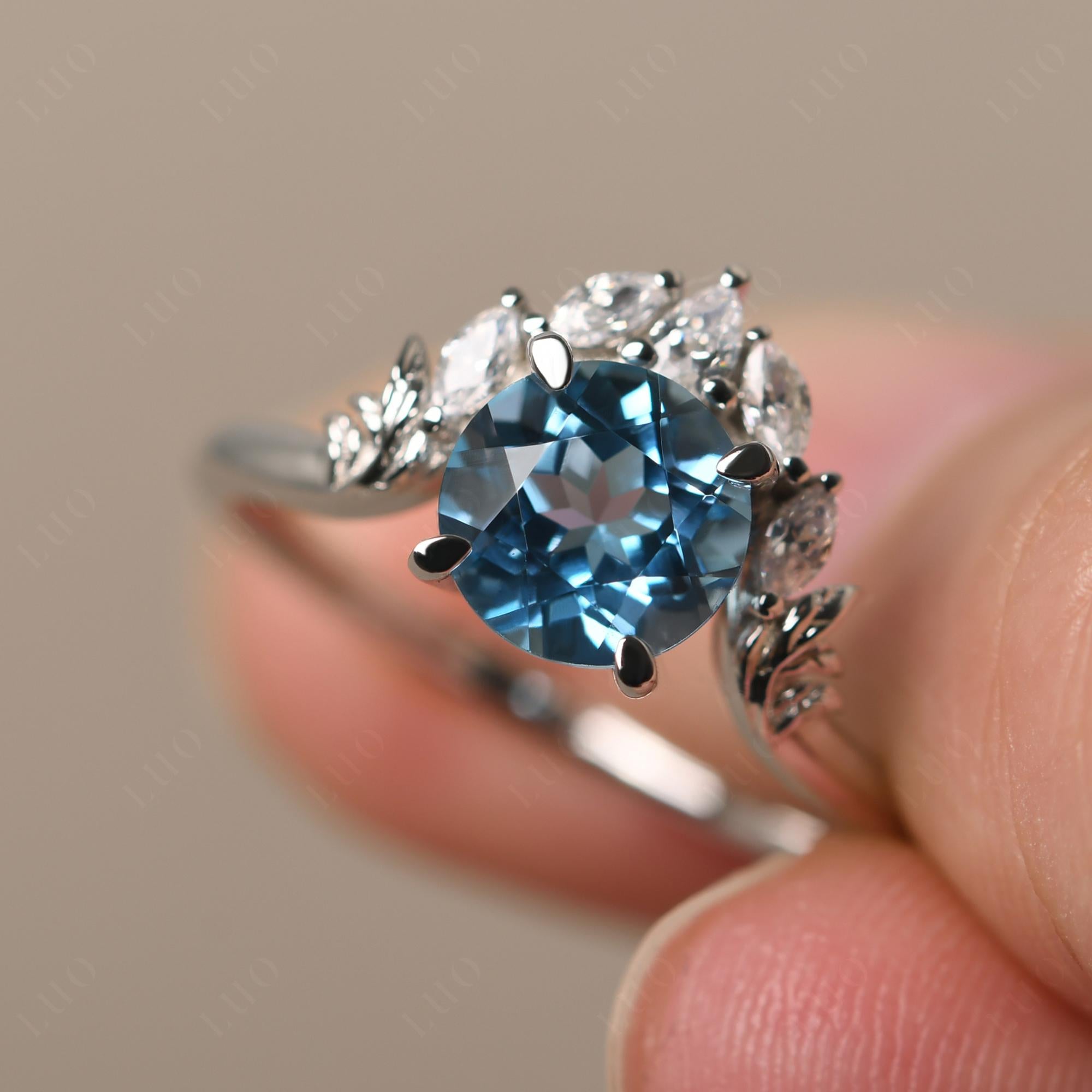 Swiss Blue Topaz Ring with Marquise Side Stone - LUO Jewelry