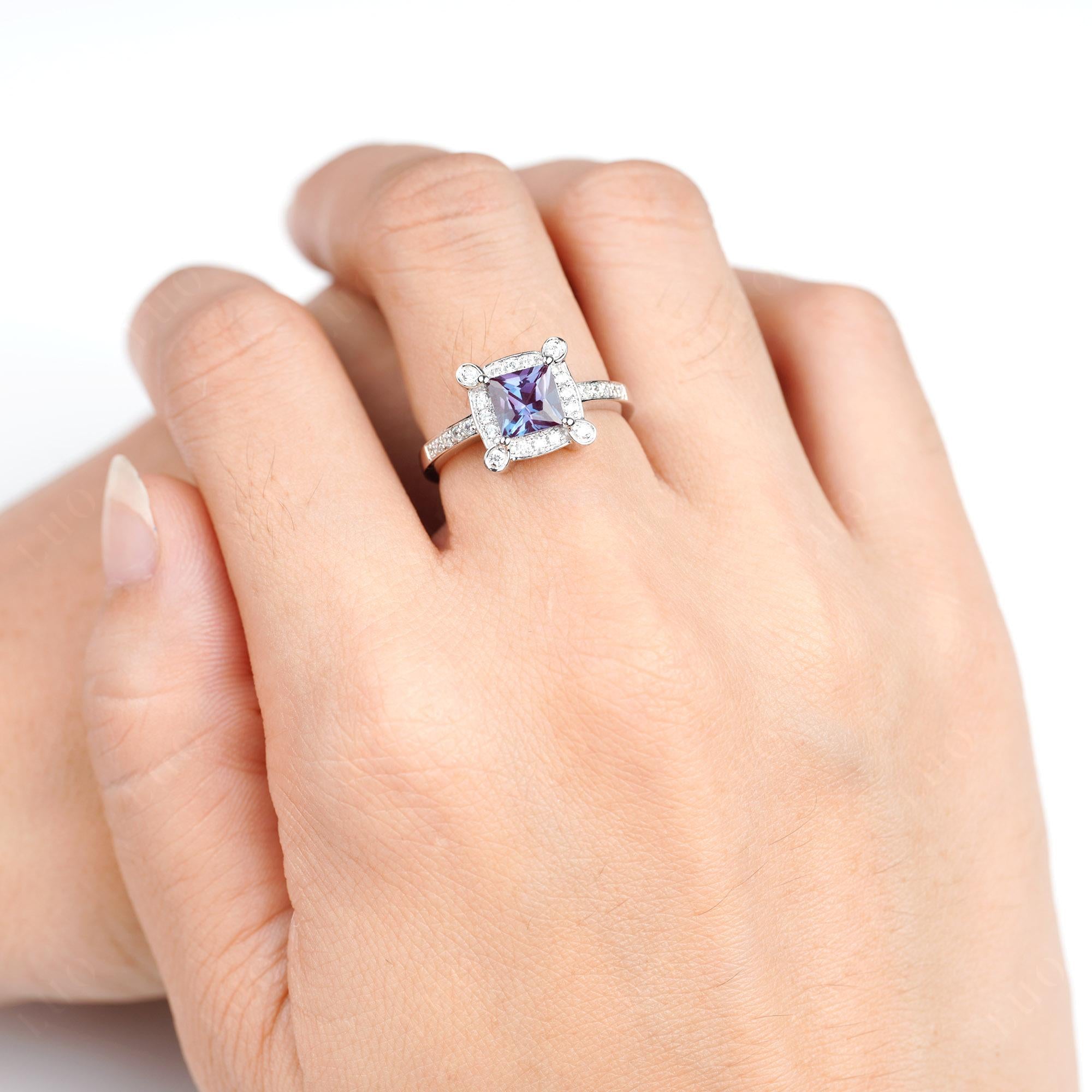 Princess Cut Alexandrite Halo Statement Ring - LUO Jewelry