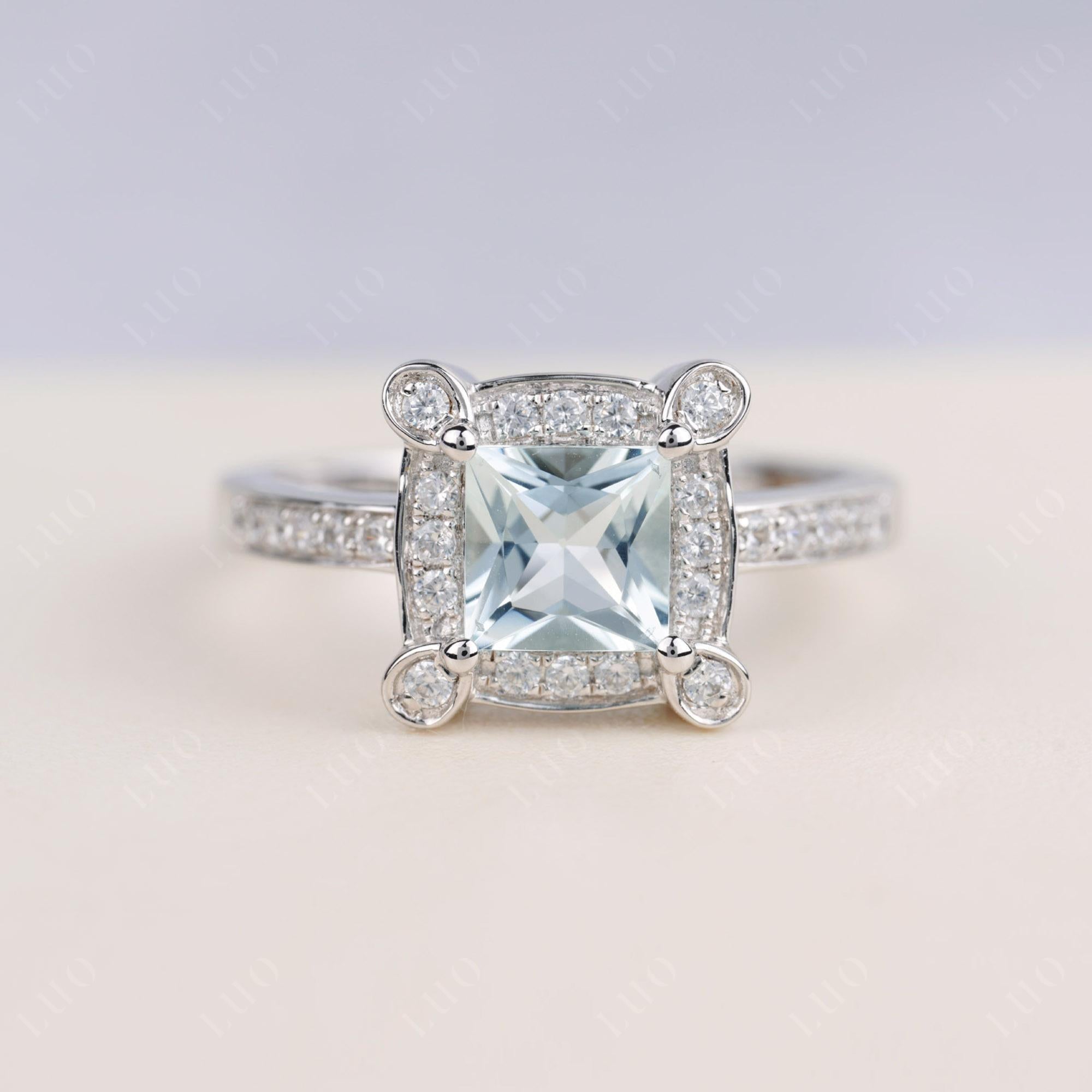 Halo Style Princess Cut Aqua Blue Cocktail Ring