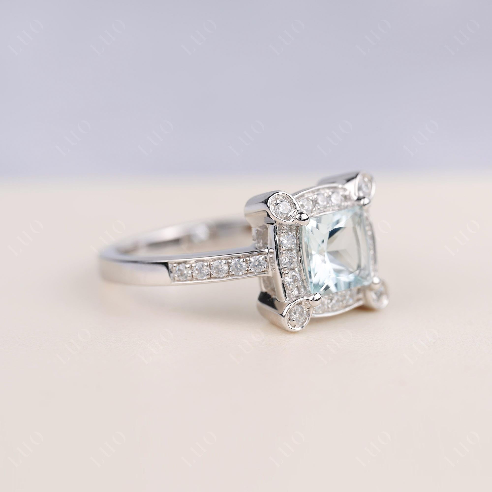 Princess Cut Aquamarine Halo Statement Ring - LUO Jewelry
