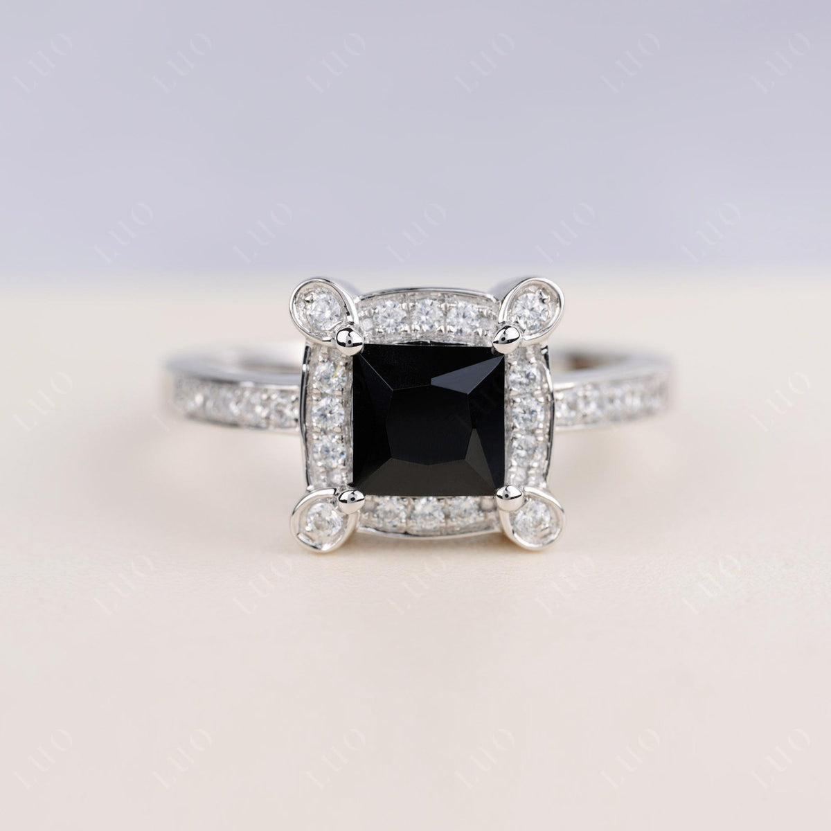 Princess Cut Black Spinel Halo Statement Ring | LUO