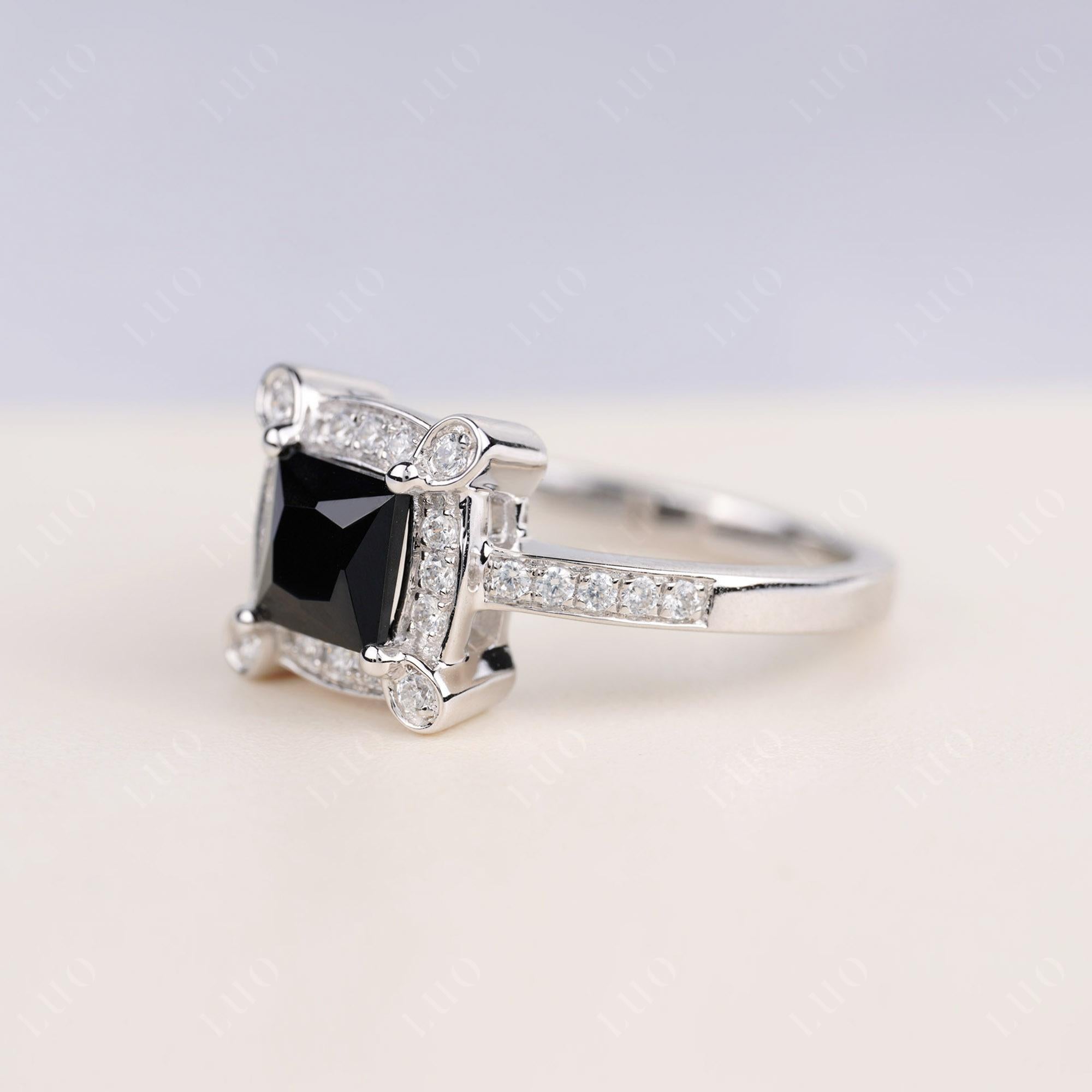 Princess Cut Black Spinel Halo Statement Ring - LUO Jewelry