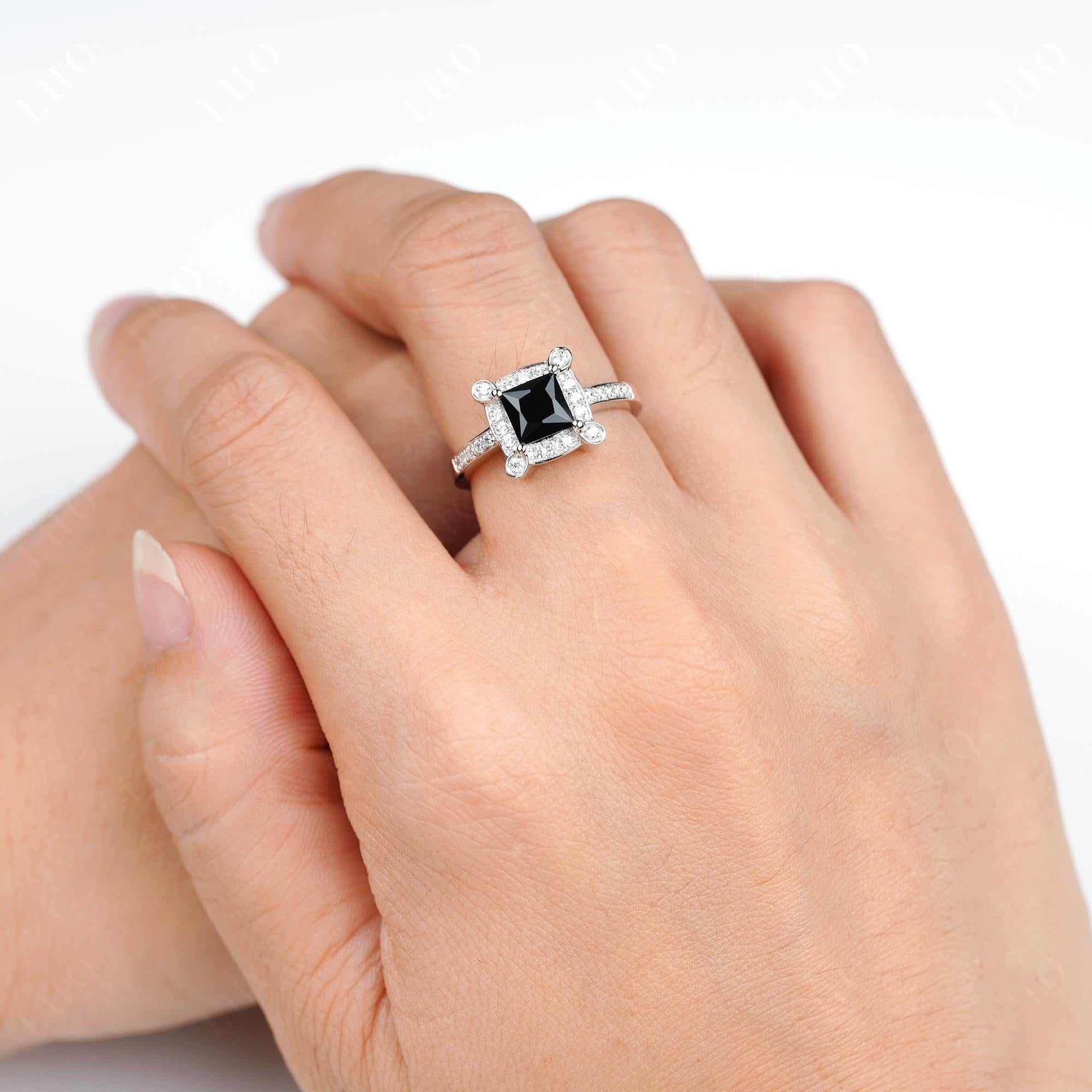 Princess Cut Black Spinel Halo Statement Ring - LUO Jewelry