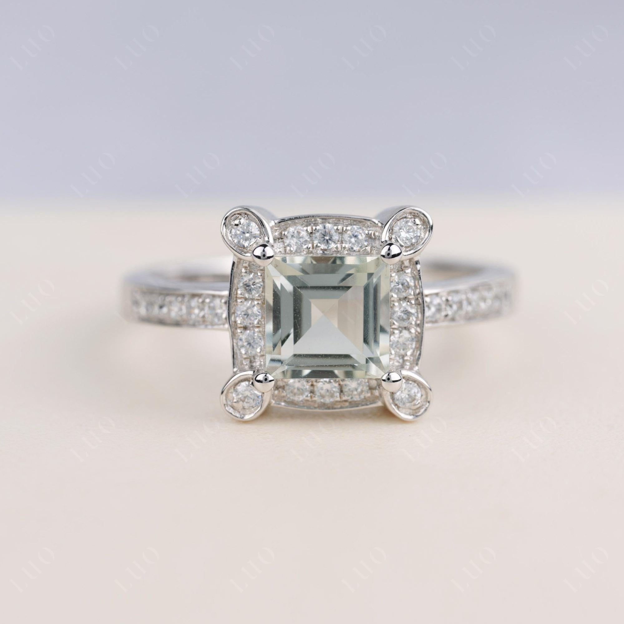 Princess Cut Green Amethyst Halo Statement Ring - LUO Jewelry