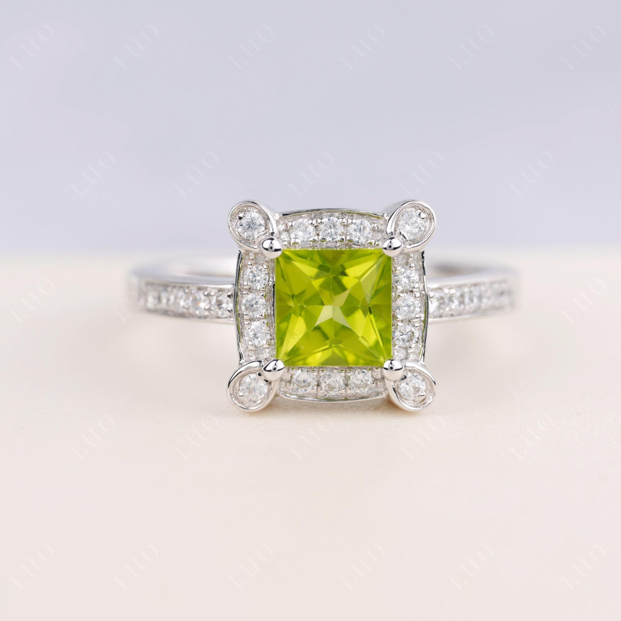 Princess Cut Peridot Halo Statement Ring - LUO Jewelry