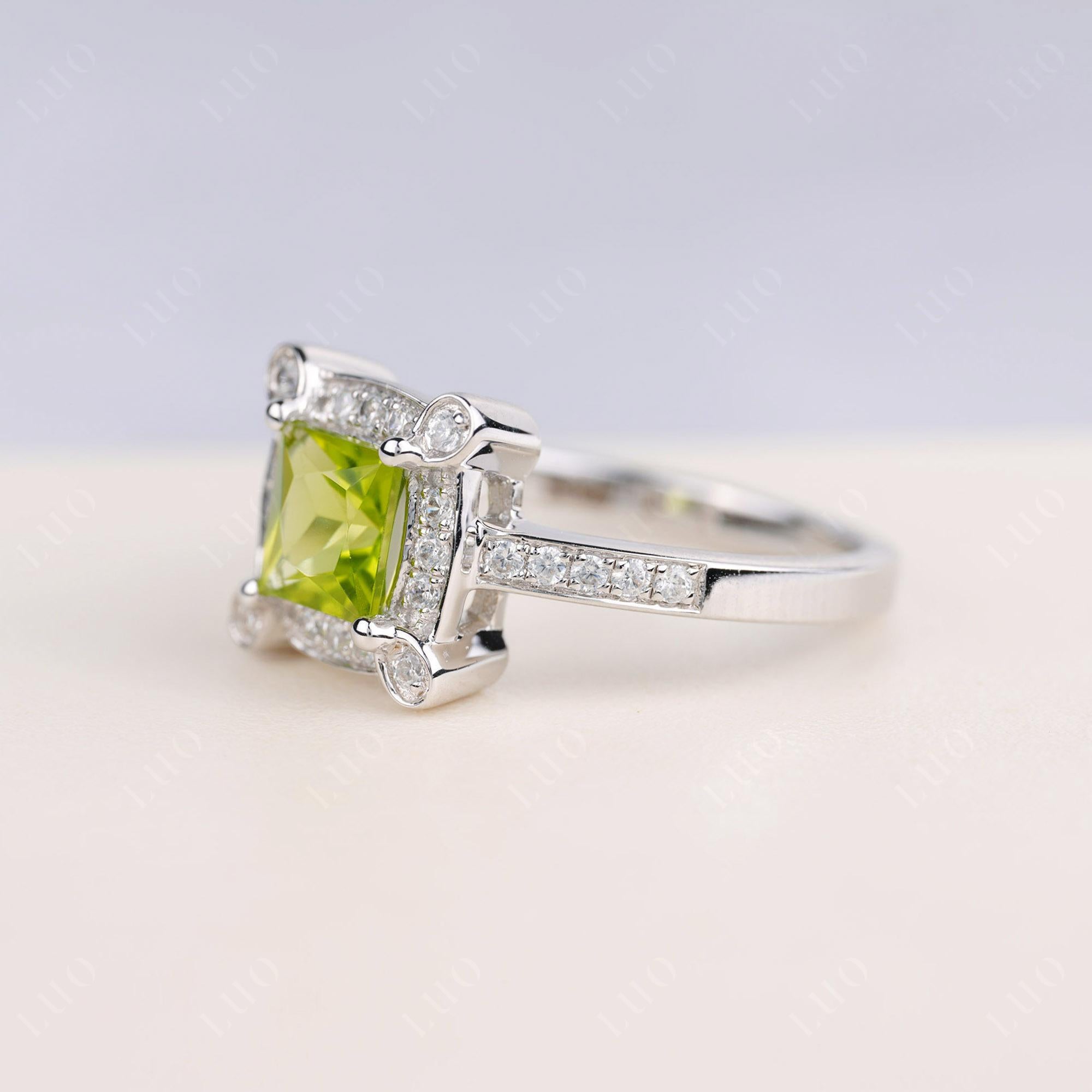 Princess Cut Peridot Halo Statement Ring - LUO Jewelry
