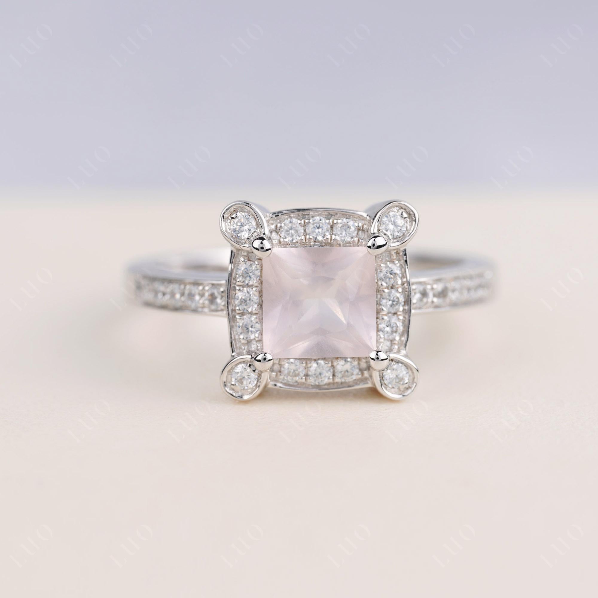 Princess Cut Rose Quartz Halo Statement Ring - LUO Jewelry