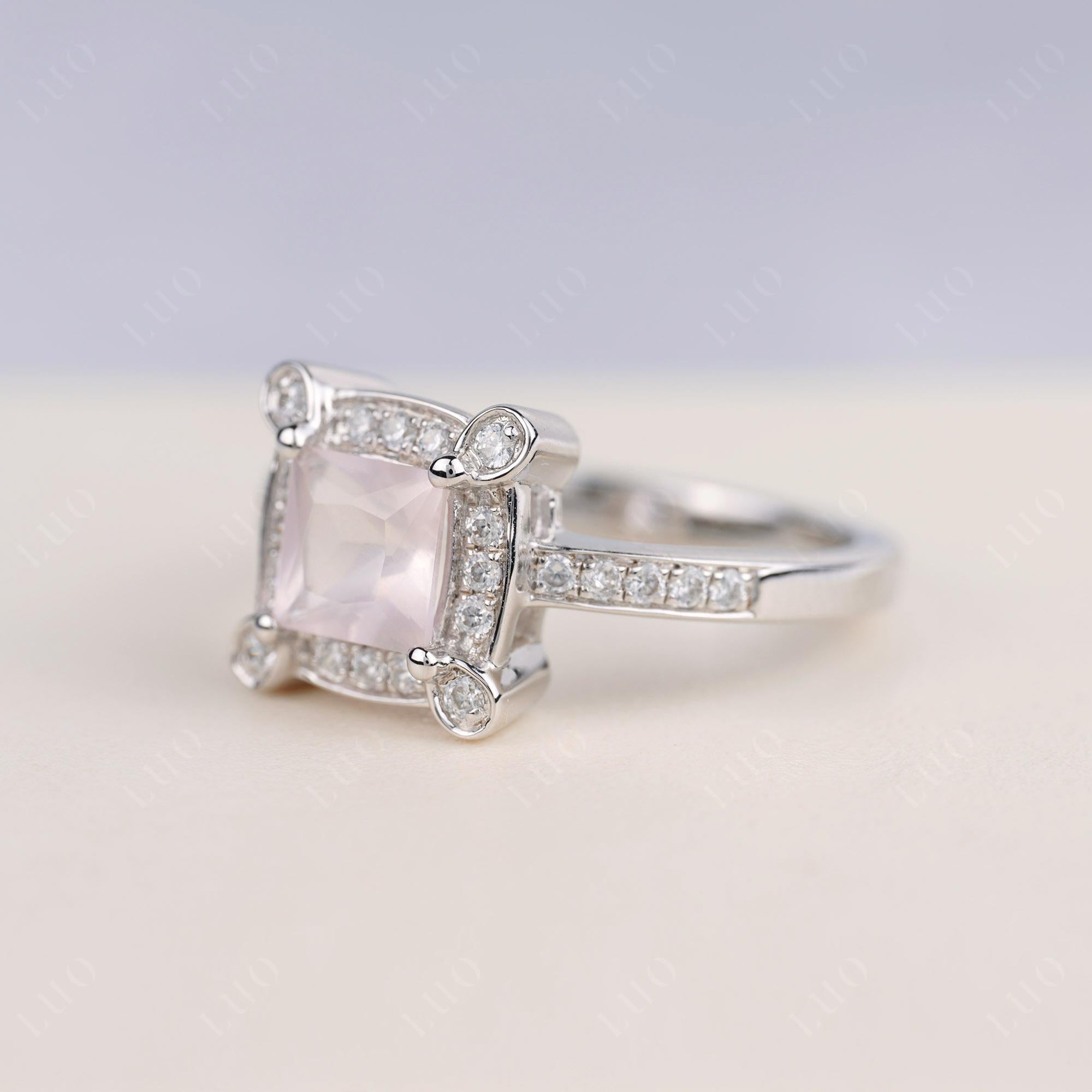 Princess Cut Rose Quartz Halo Statement Ring - LUO Jewelry
