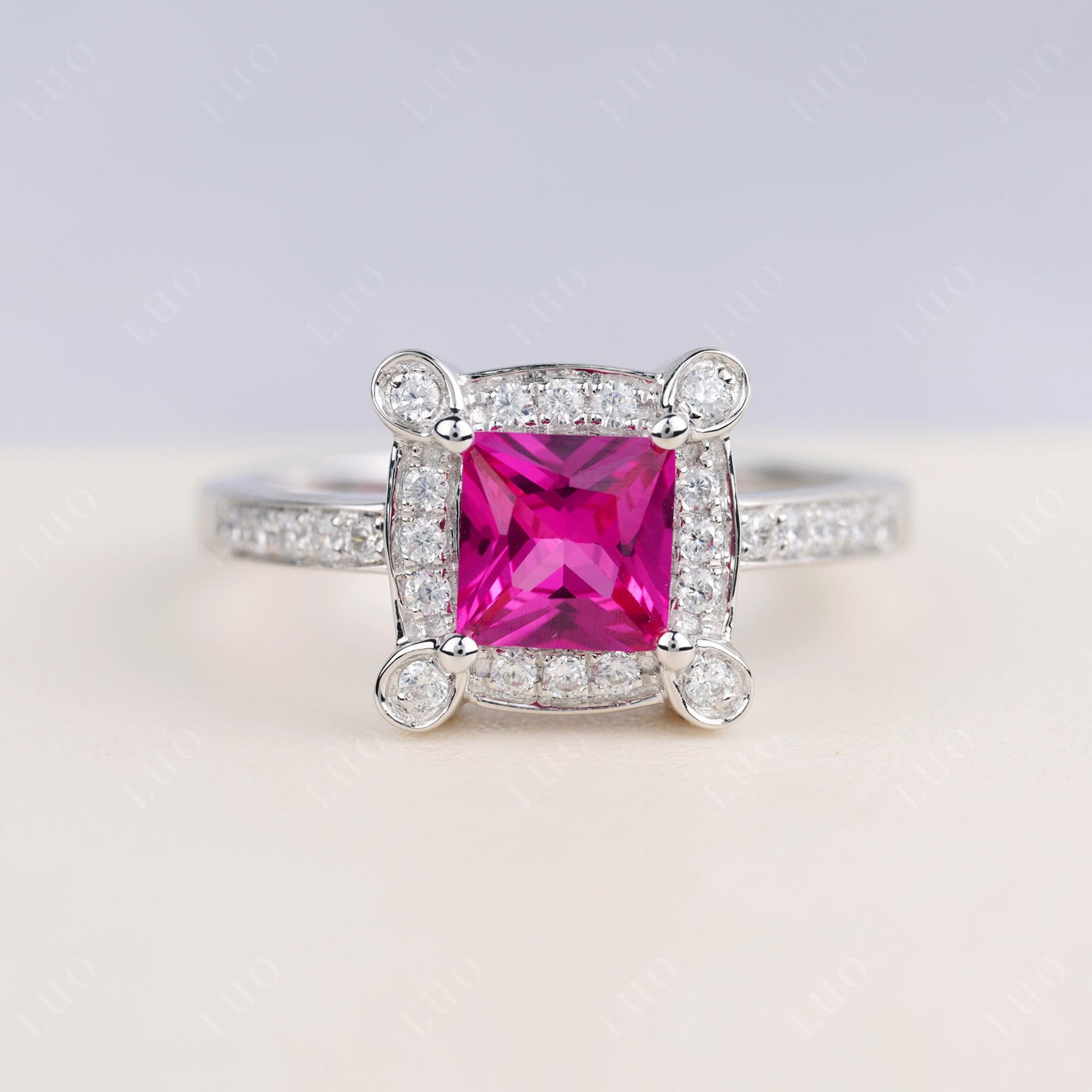 Princess Cut Ruby Halo Statement Ring - LUO Jewelry