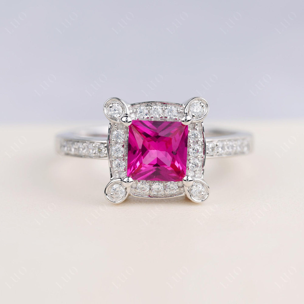 Princess Cut Ruby Halo Statement Ring | LUO