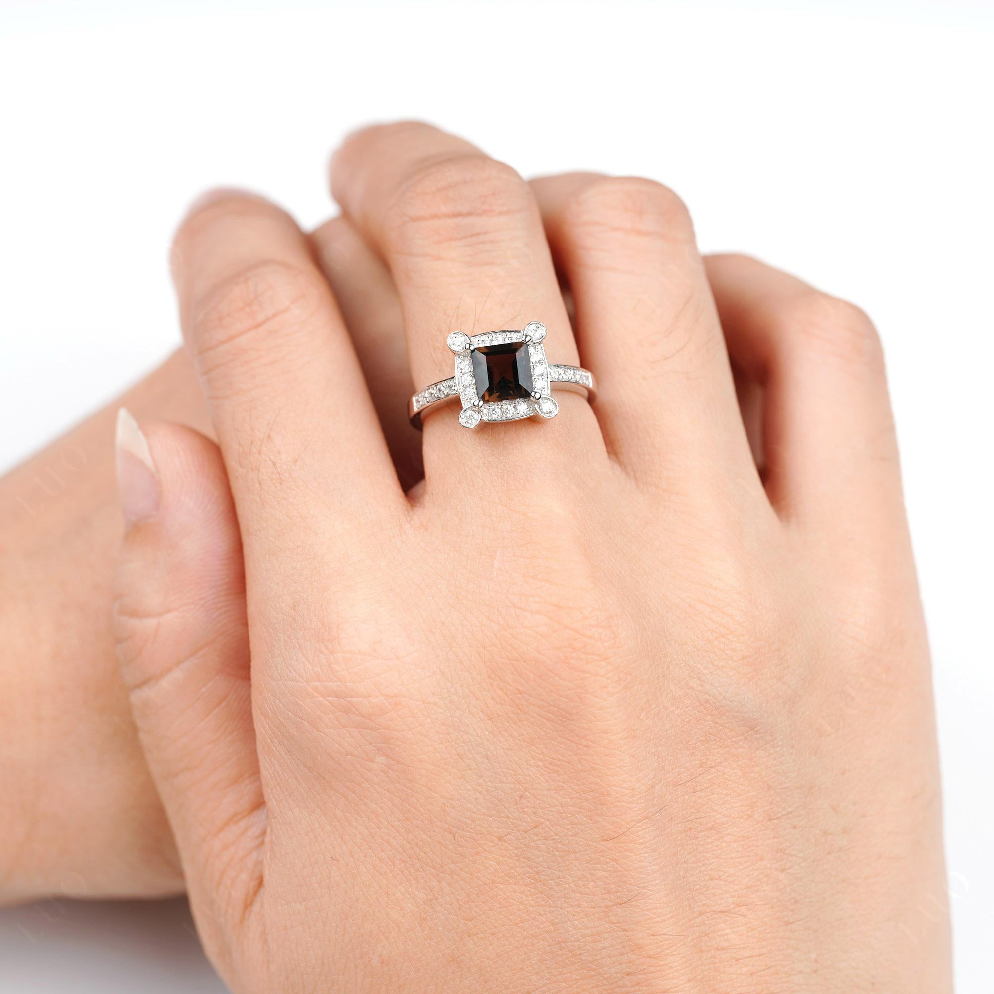 Princess Cut Smoky Quartz Halo Statement Ring - LUO Jewelry