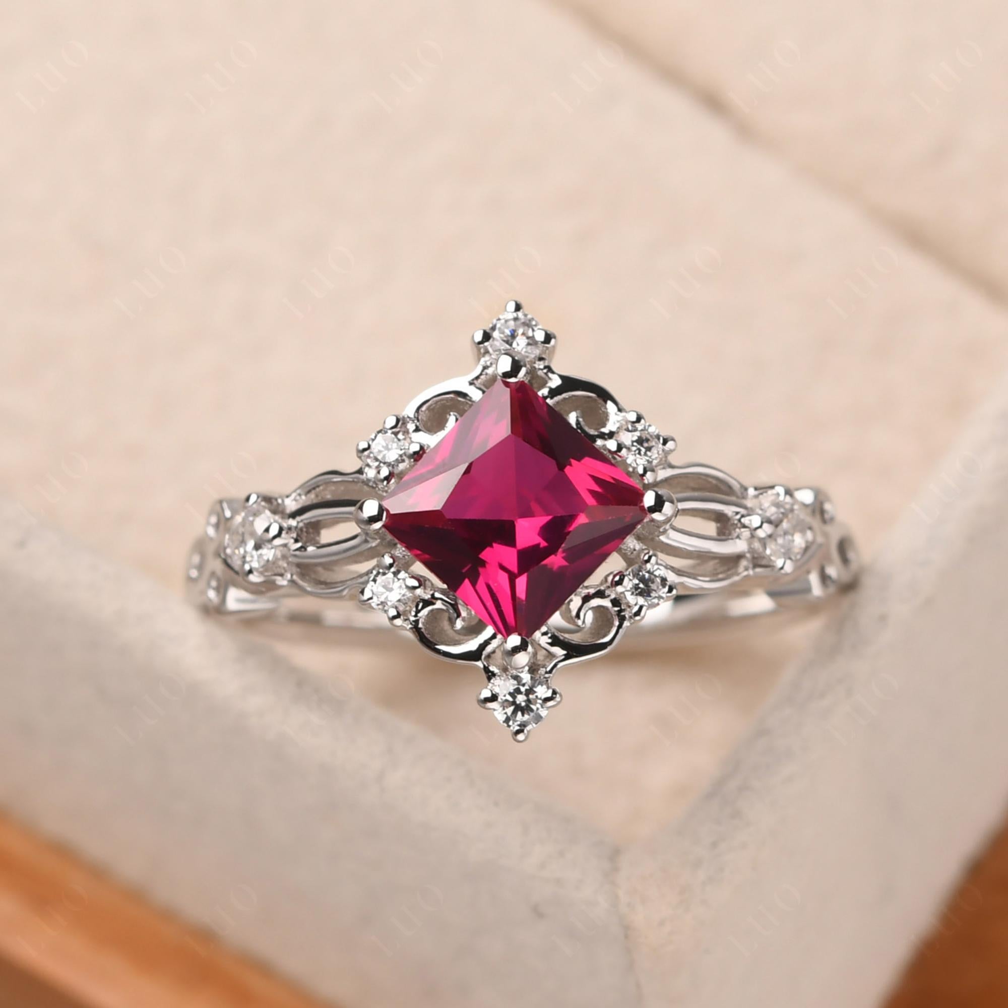 Princess Cut Ruby Art Deco Ring - LUO Jewelry