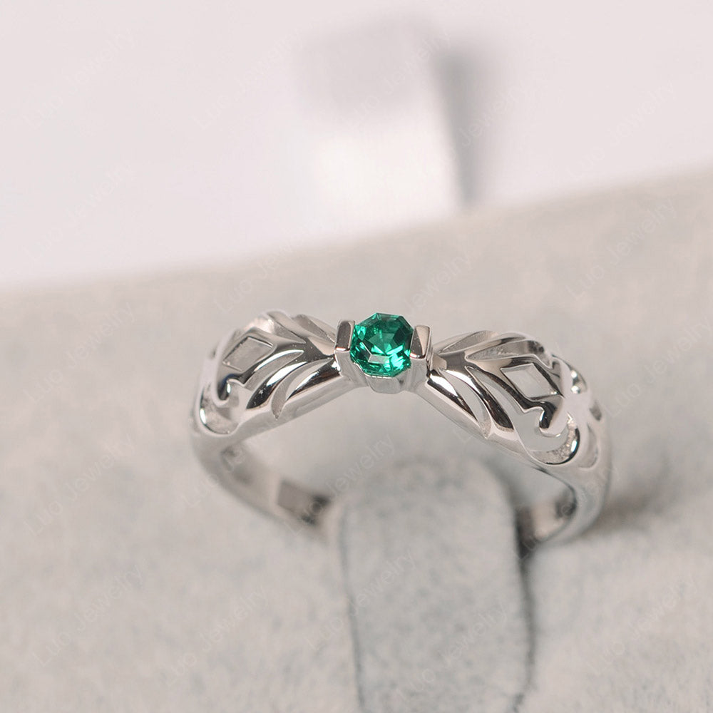 Charm Pattern Solitaire Octagon Cut Emerald Ring