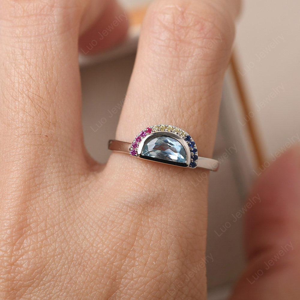 Unique Half Circle Cut Aquamarine Rainbow Ring