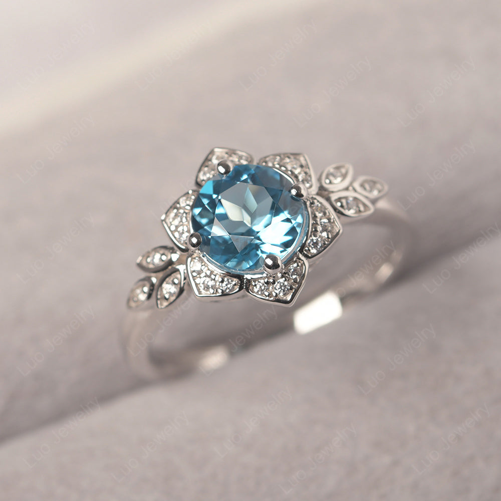 Round Cut Swiss Blue Topaz Flower Ring Yellow Gold - LUO Jewelry