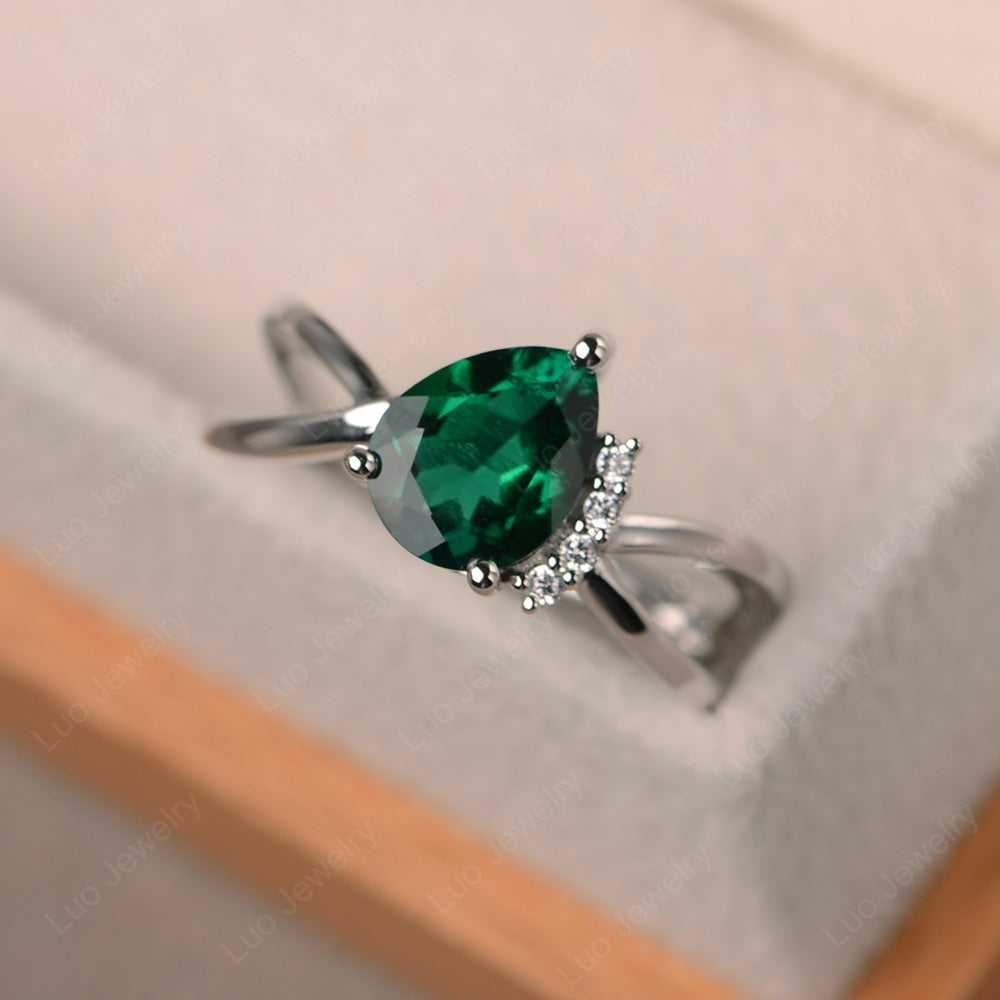Lab Emerald Ring Split Shank Pear Engagement Ring - LUO Jewelry