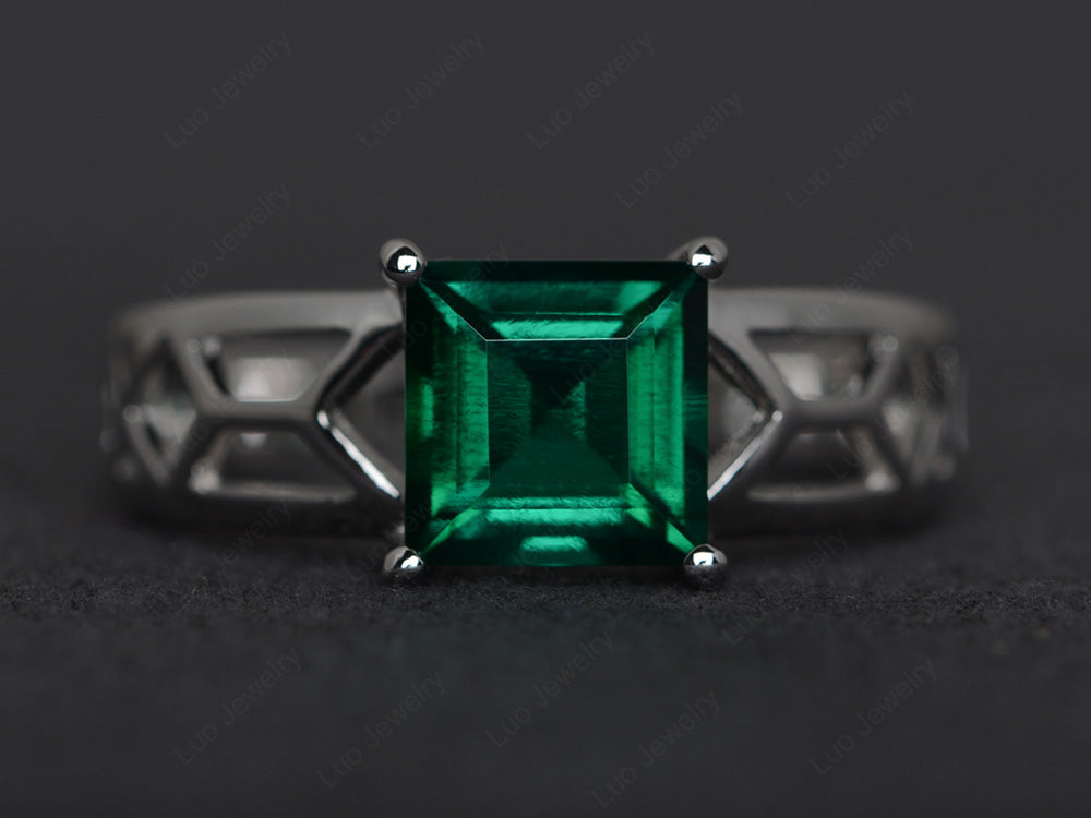 Lab Emerald Solitaire Ring Wide Band Silver - LUO Jewelry