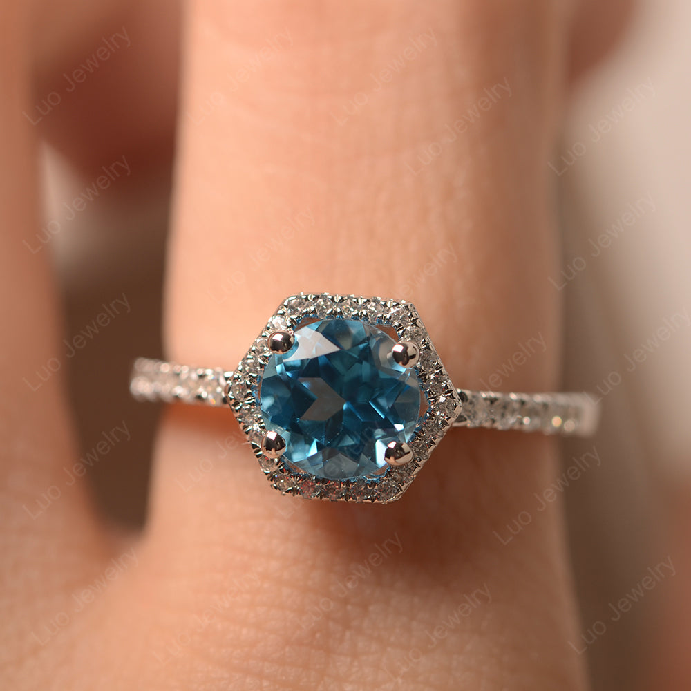 Swiss Blue Topaz Halo Hexagon Setting Engagement Ring - LUO Jewelry