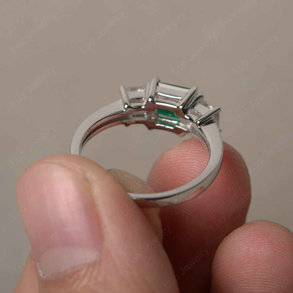 3 Stone Lab Emerald Princess Cut Lab Emerald Ring Silver - LUO Jewelry