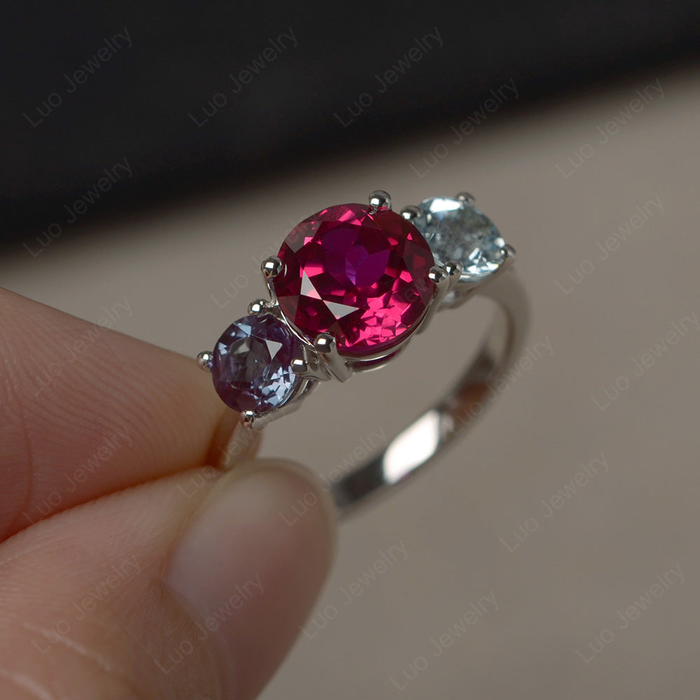 3 Stone Ruby and Alexandrite and Aquamarine Mothers Ring - LUO Jewelry