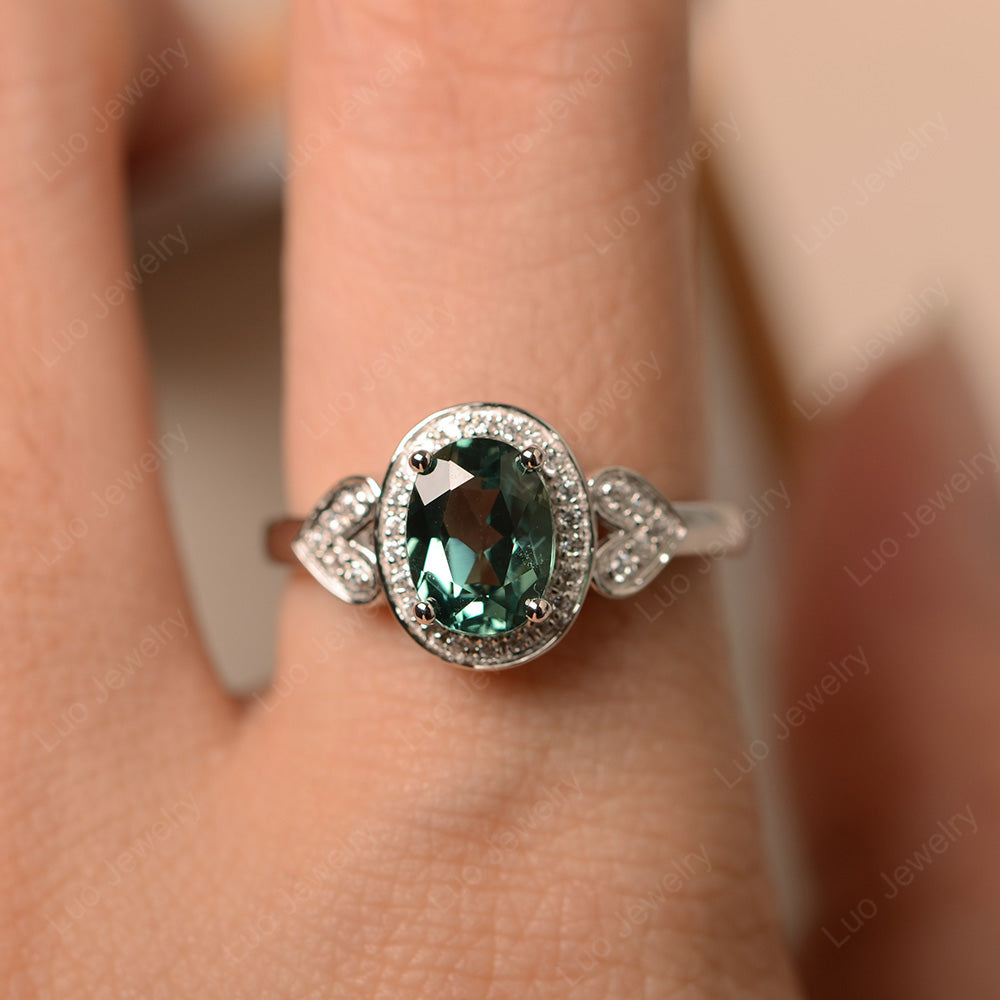 Oval Cut Green Sapphire Halo Engagement Ring - LUO Jewelry