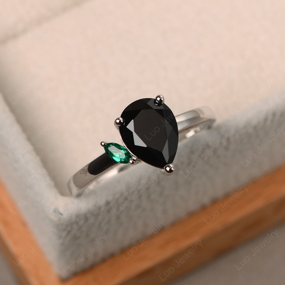 Unique Pear Shaped Black Spinel Wedding Ring - LUO Jewelry
