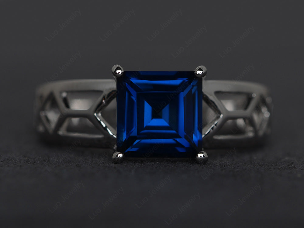 Lab Sapphire Solitaire Ring Wide Band Silver - LUO Jewelry